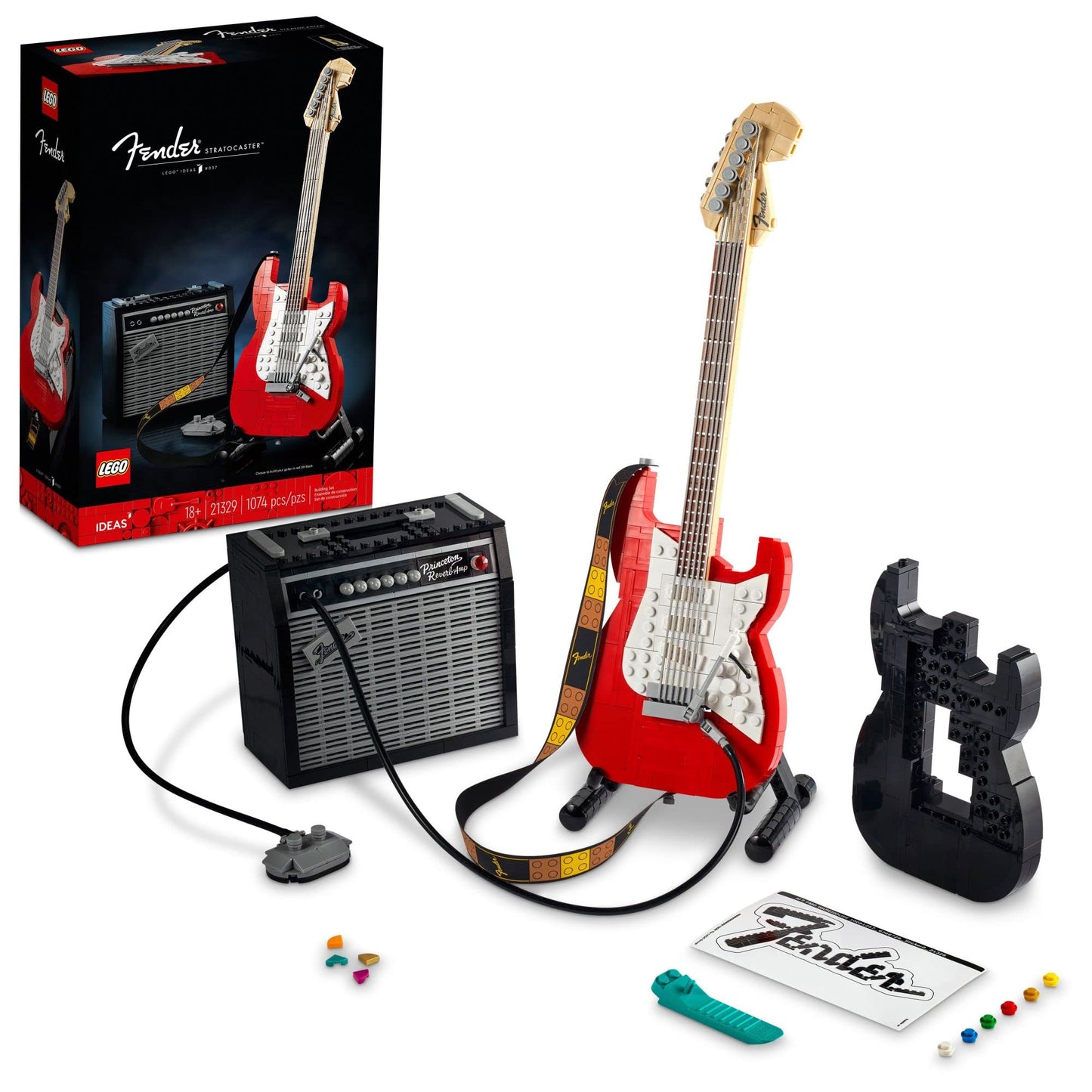 LEGO Ideas Fender Stratocaster 21329 Guitar Model with 65 Princeton Reverb Amplifier – DIY Display Kit
