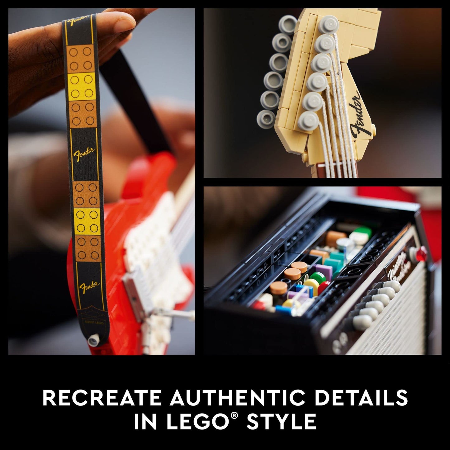 LEGO Ideas Fender Stratocaster 21329 Guitar Model with 65 Princeton Reverb Amplifier – DIY Display Kit