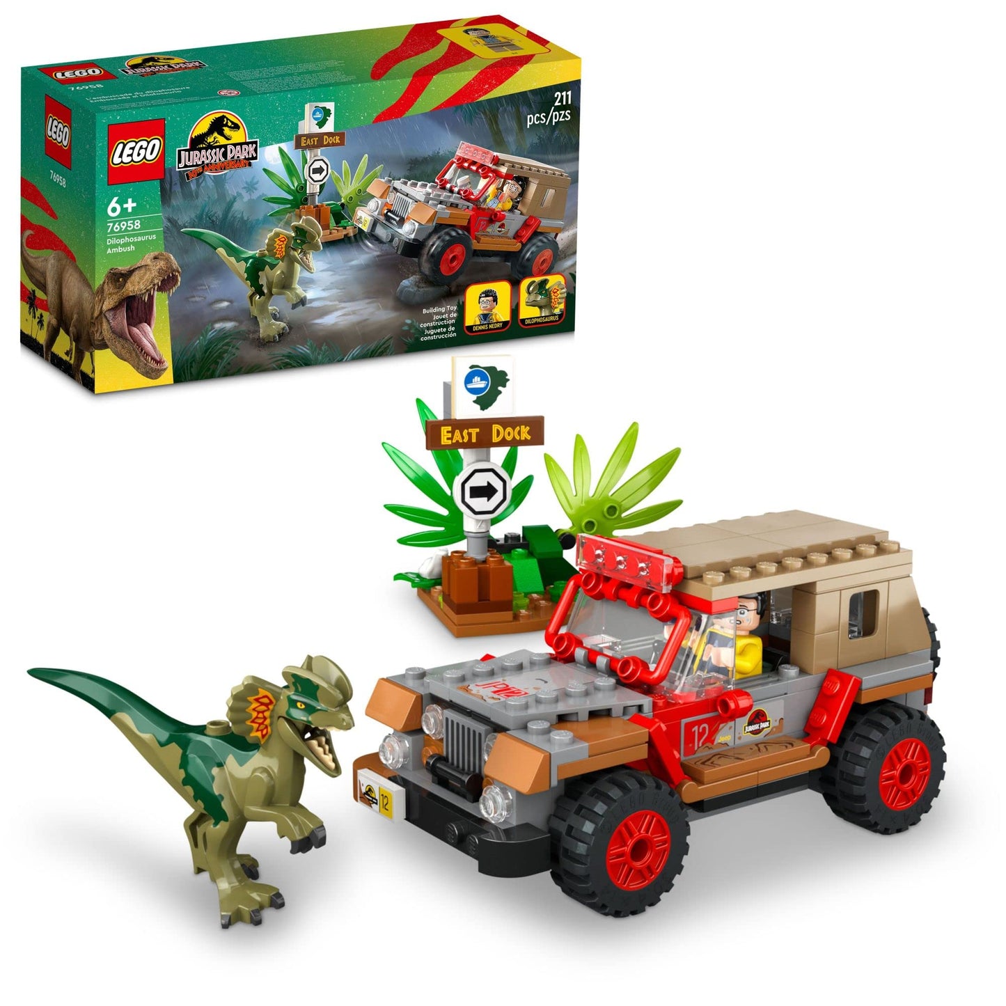 LEGO Jurassic Park Dilophosaurus Ambush 76958 – Buildable Jeep Toy for Jurassic Park 30th Anniversary (Ages 6+)