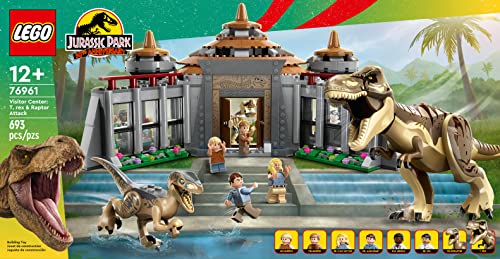 LEGO Jurassic Park Visitor Center 76961 – T. rex & Raptor Attack Buildable Dinosaur Toy (6 Minifigures)