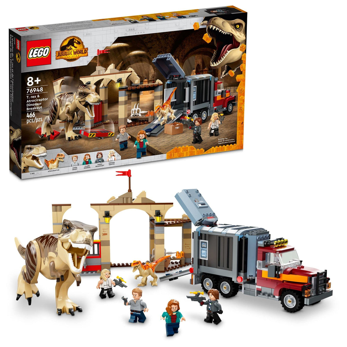 LEGO Jurassic World T. rex & Atrociraptor Dinosaur Breakout 76948 – 466-Piece Dino Toy Set with Minifigures