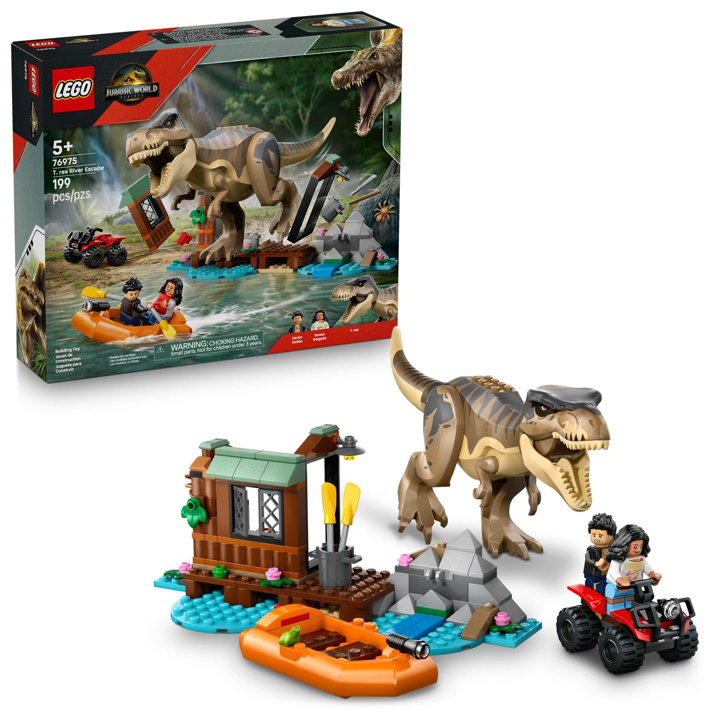 LEGO Jurassic World T. rex River Escape 76975 – Poseable Dino & Rescue Set for Kids 5–7