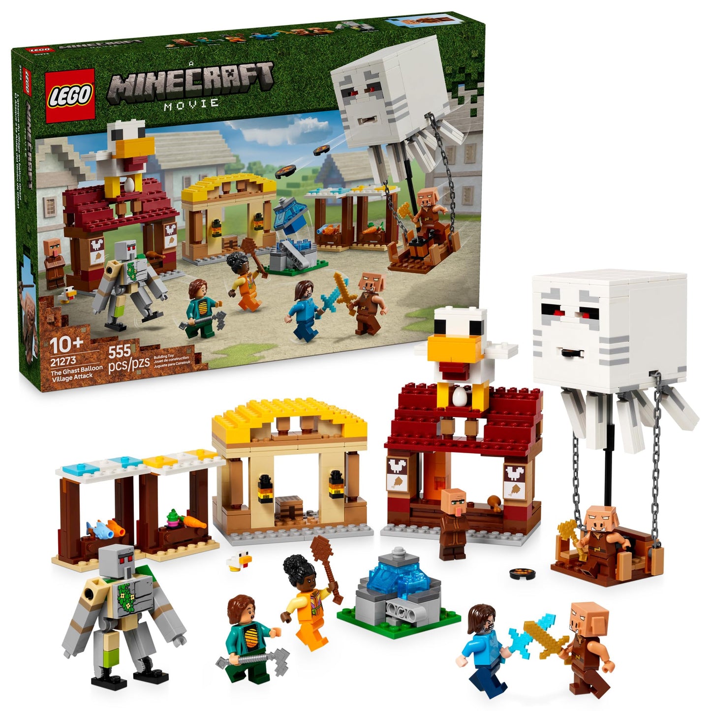 LEGO Minecraft The Ghast Balloon Village Attack 21273 – 555-Piece Set with Steve, Natalie & Dawn