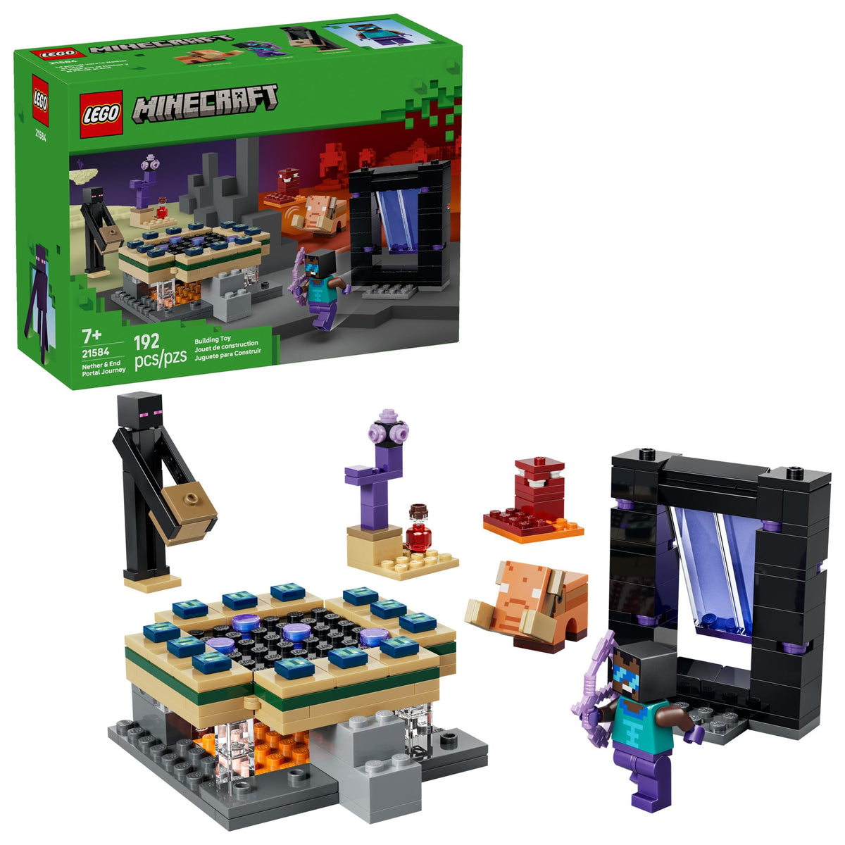 LEGO Minecraft Nether & End Portal Journey — 192-Piece Build with Hero Minifigure (Ages 7+) 21584