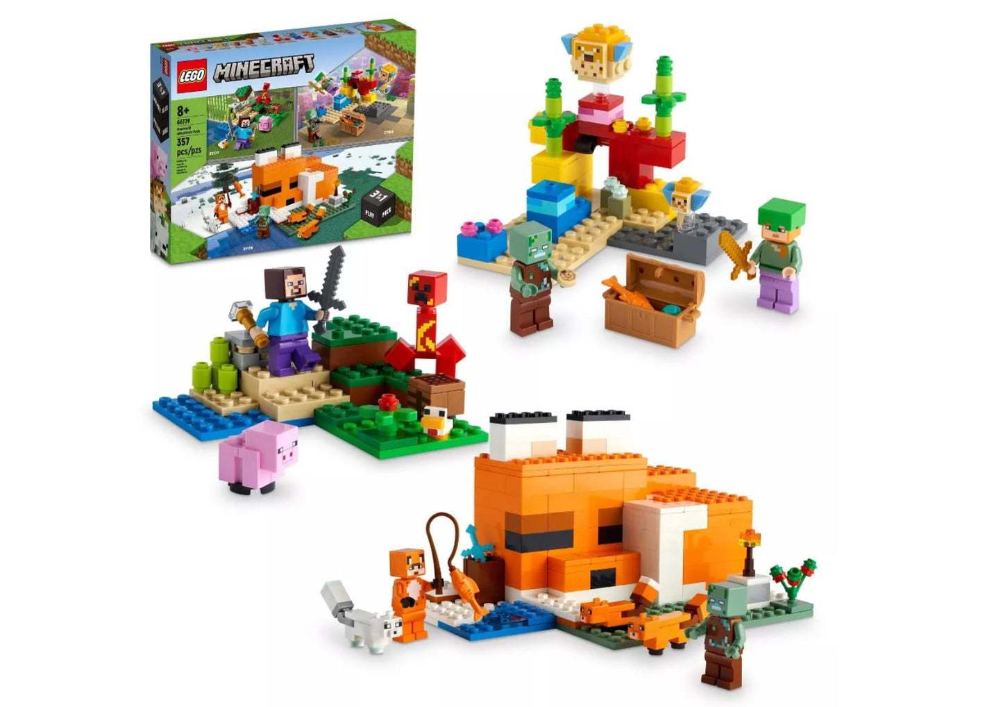 LEGO Minecraft Overworld Adventures 3-in-1 Pack 66779 | 3 Sets, Minifigures & Creative Play
