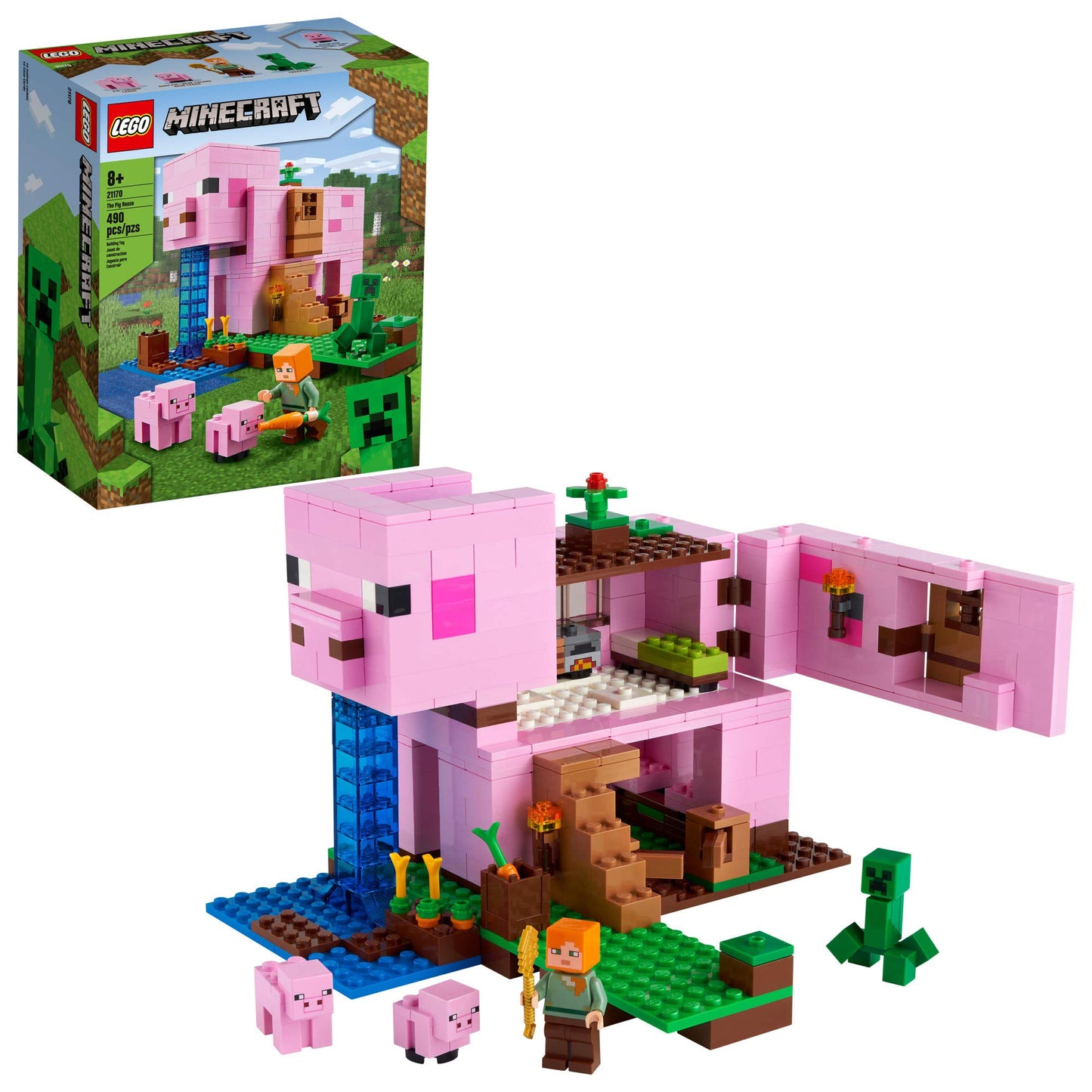 LEGO Minecraft The Pig House 21170 - Alex, Creeper & 2 Pig Figures | Animal Building Toy for Kids 8+