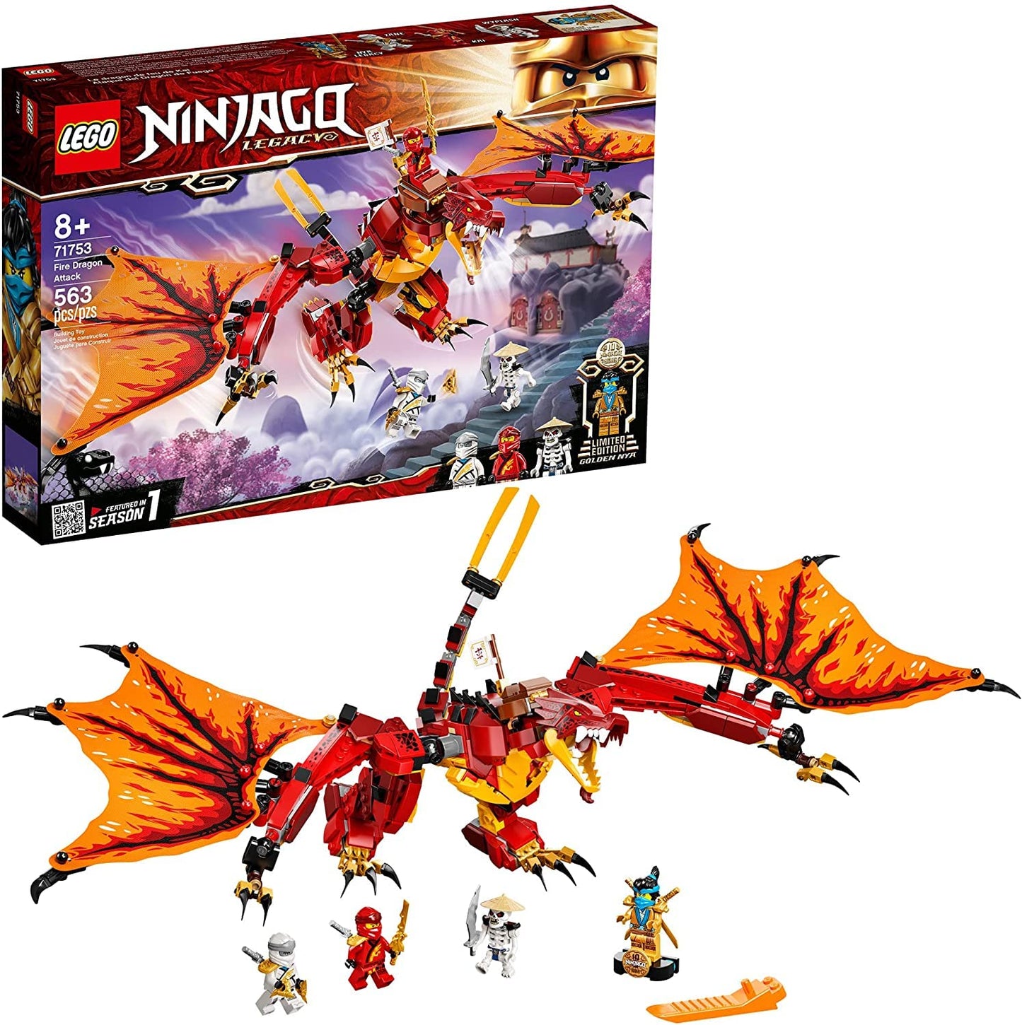 LEGO NINJAGO Fire Dragon Attack 71753 – Ninja Dragon Playset (563 Pieces)