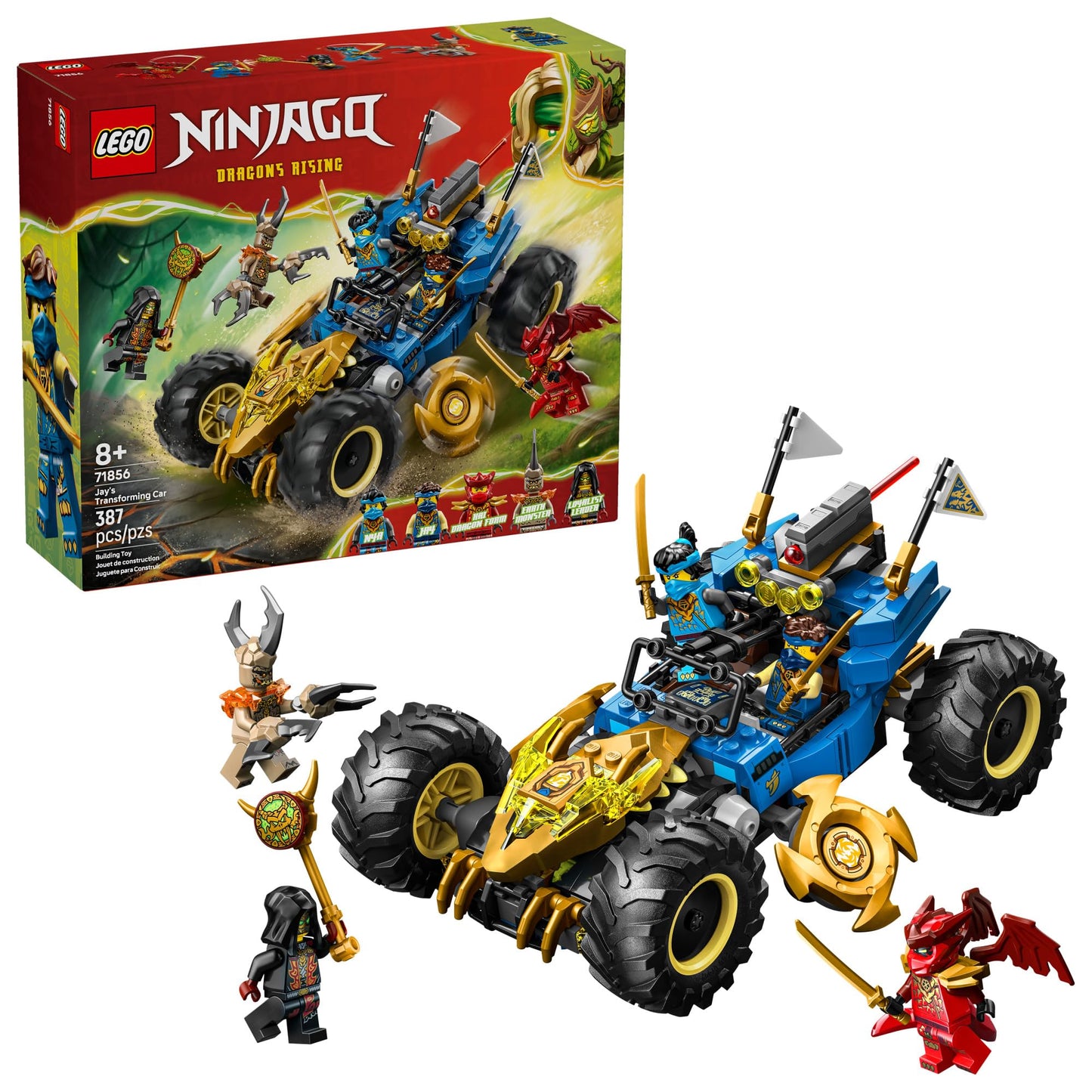 LEGO NINJAGO Jay’s Transforming Car (71856) – 2 Play Modes, 5 Minifigures, 387 Pieces