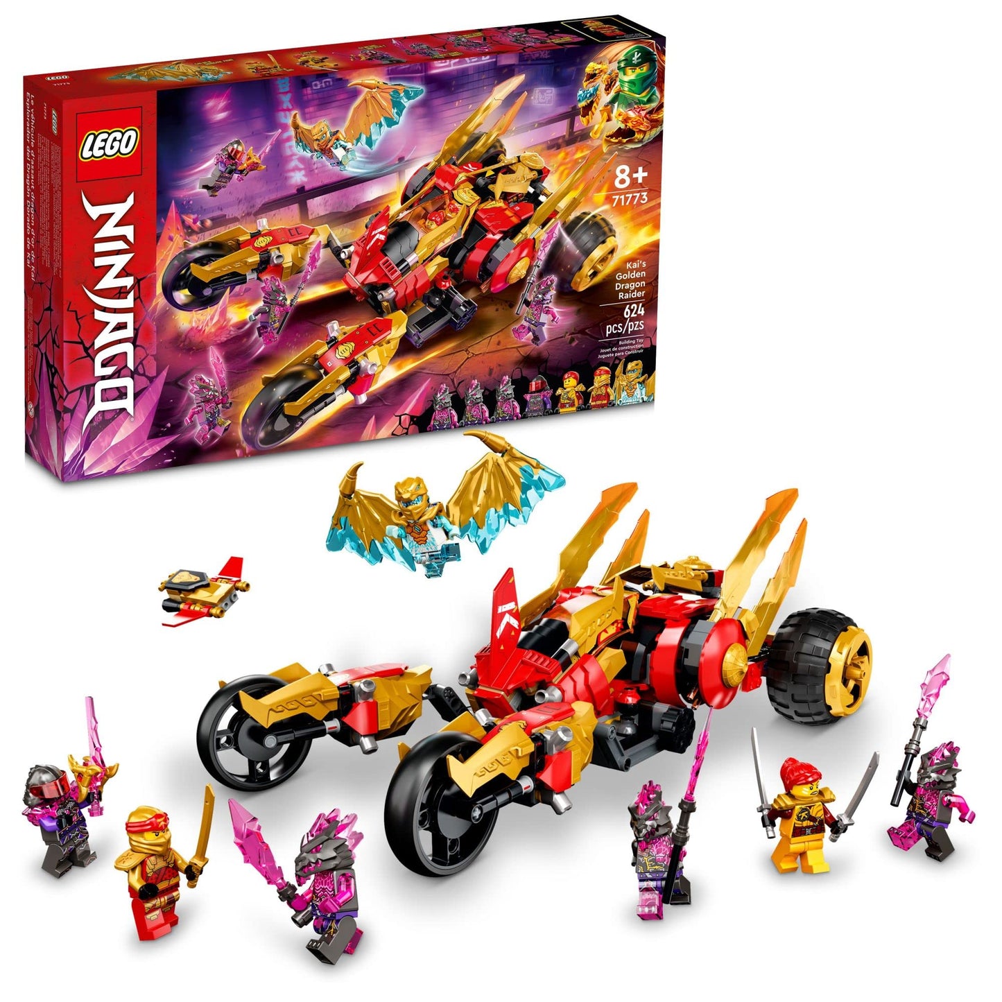 LEGO NINJAGO Kai’s Golden Dragon Raider 71773 – Multi-Terrain Car Toy with Kai & Zane Minifigures