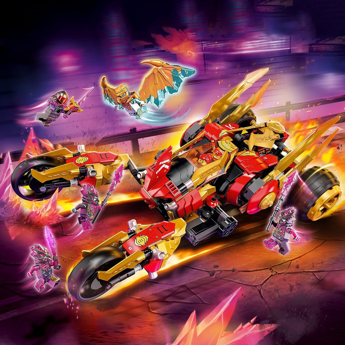 LEGO NINJAGO Kai’s Golden Dragon Raider 71773 – Multi-Terrain Car with Kai & Zane Minifigs | 624 Pieces | Ages 8+