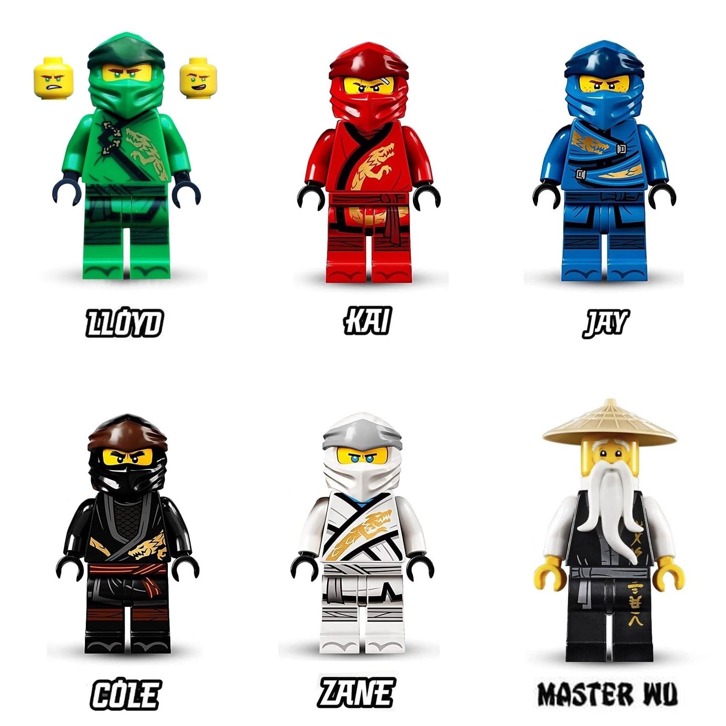 LEGO NINJAGO Legacy Minifigures Pack – Lloyd, Jay, Kai, Cole, Zane, Master Wu (Weapons)