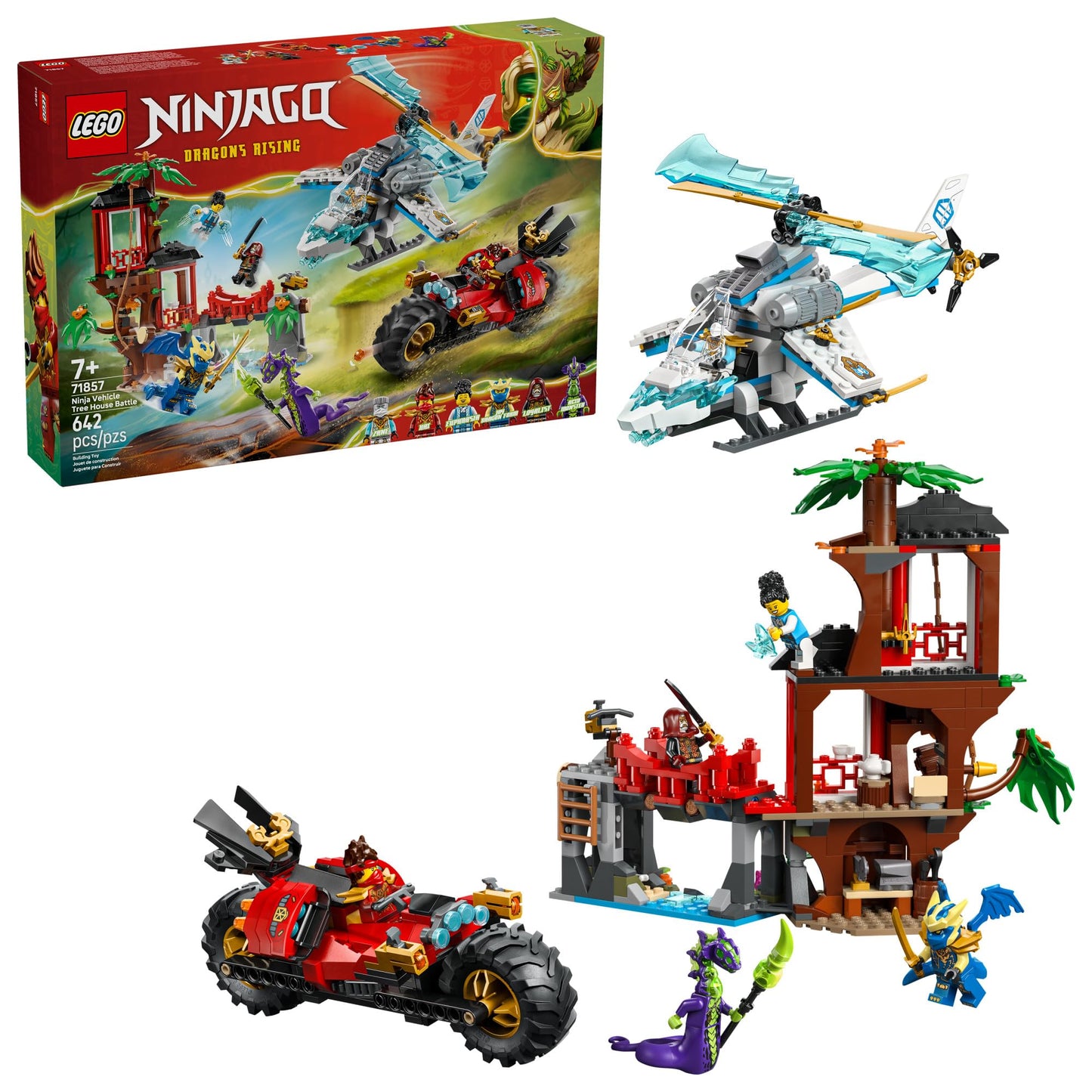 LEGO NINJAGO Ninja Vehicle Tree House Battle (71857) – 642-Piece Playset with 6 Minifigures, Motorcycle & Helicopter