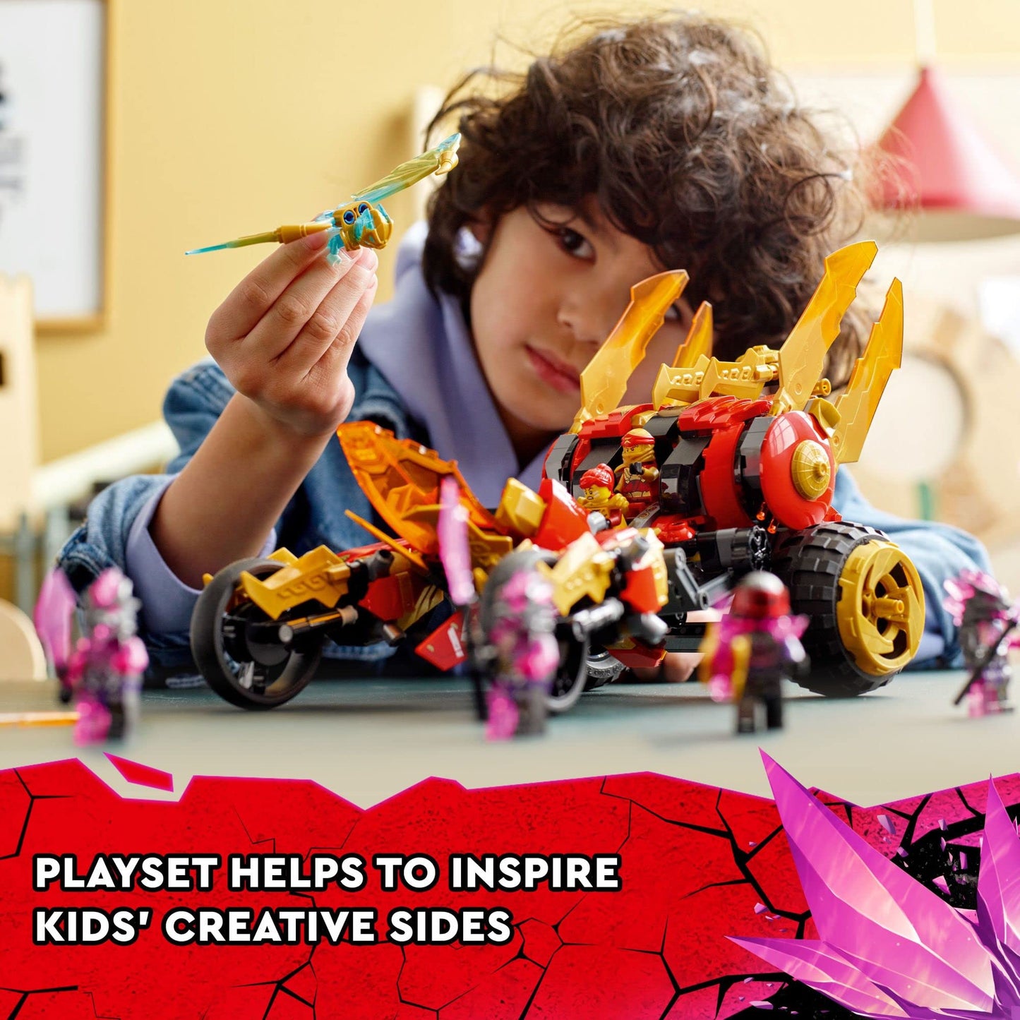 LEGO NINJAGO Kai’s Golden Dragon Raider 71773 – Multi-Terrain Car Toy with Kai & Zane Minifigures