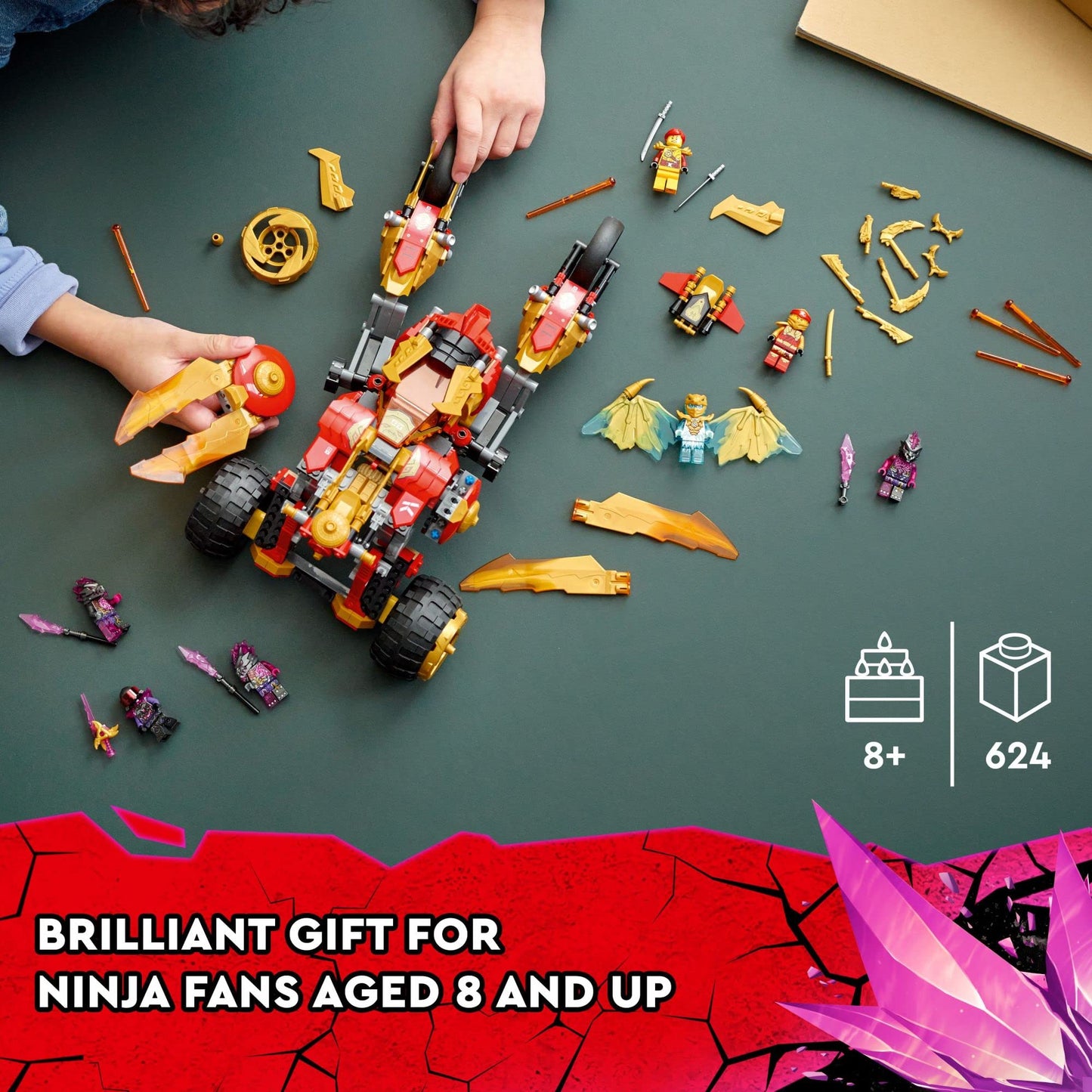 LEGO NINJAGO Kai’s Golden Dragon Raider 71773 – Multi-Terrain Car Toy with Kai & Zane Minifigures
