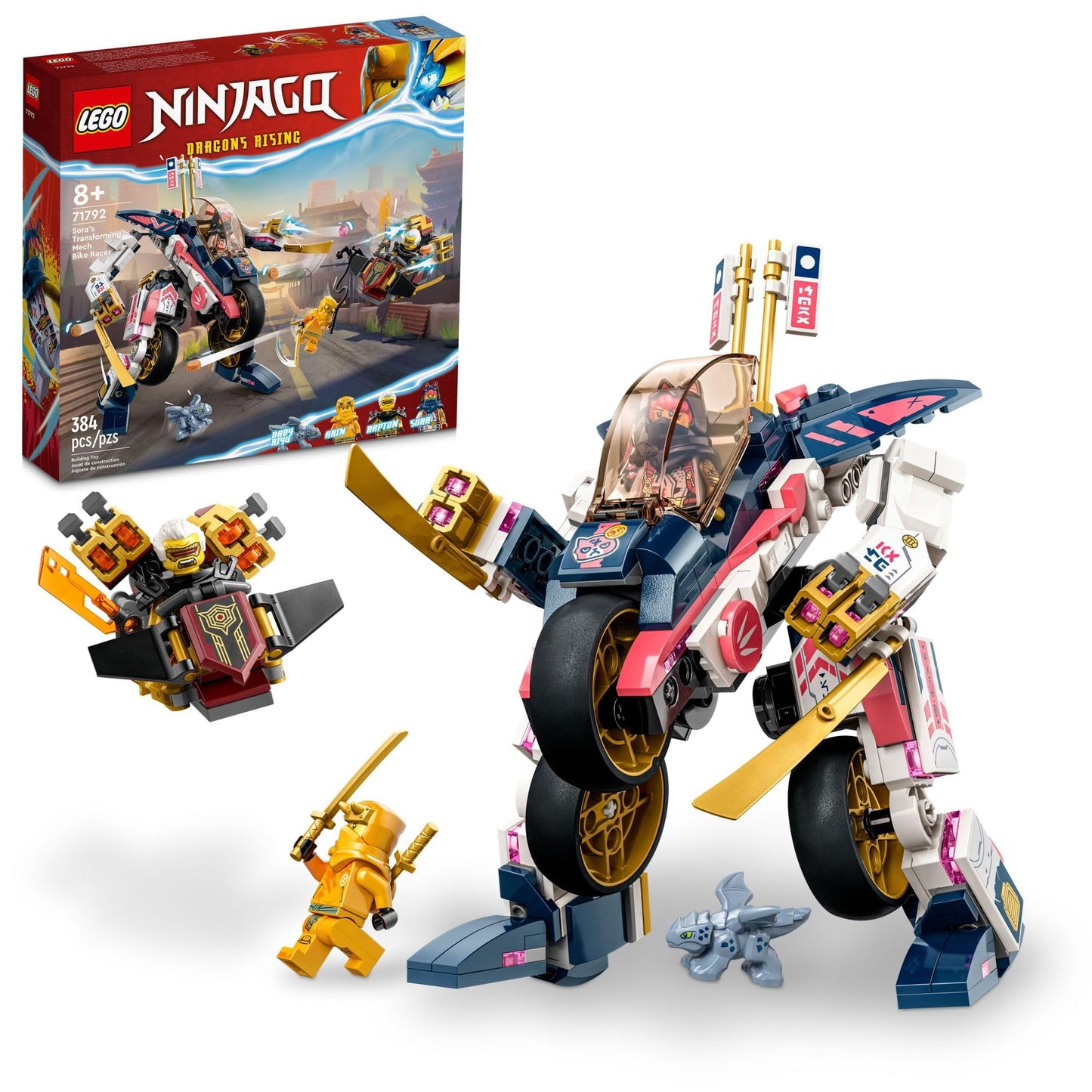 LEGO NINJAGO Sora’s Transforming Mech Bike Racer (71792) – 384-Piece Building Toy for Kids Aged 8+