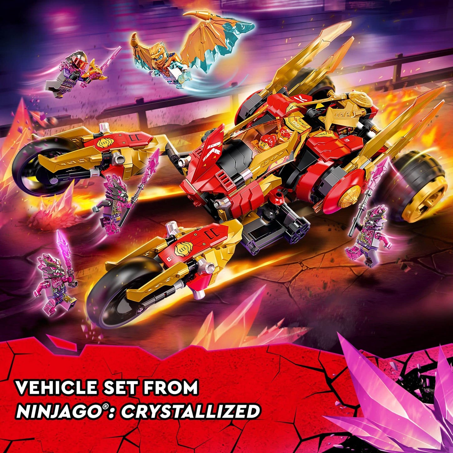 LEGO NINJAGO Kai’s Golden Dragon Raider 71773 – Multi-Terrain Car Toy with Kai & Zane Minifigures
