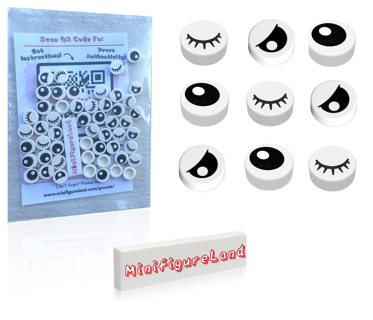 LEGO Parts & Pieces — 50 White Eyes Tiles + Minifigureland Tile (Loose Pieces, Mixed Lot)