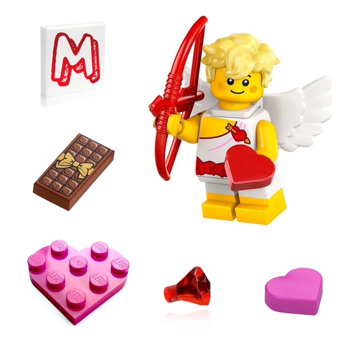 LEGO Valentine’s Day Combo Pack: Series 27 Cupid Minifigure, Chocolate Bar, Red Jewel & Minifigureland Tile