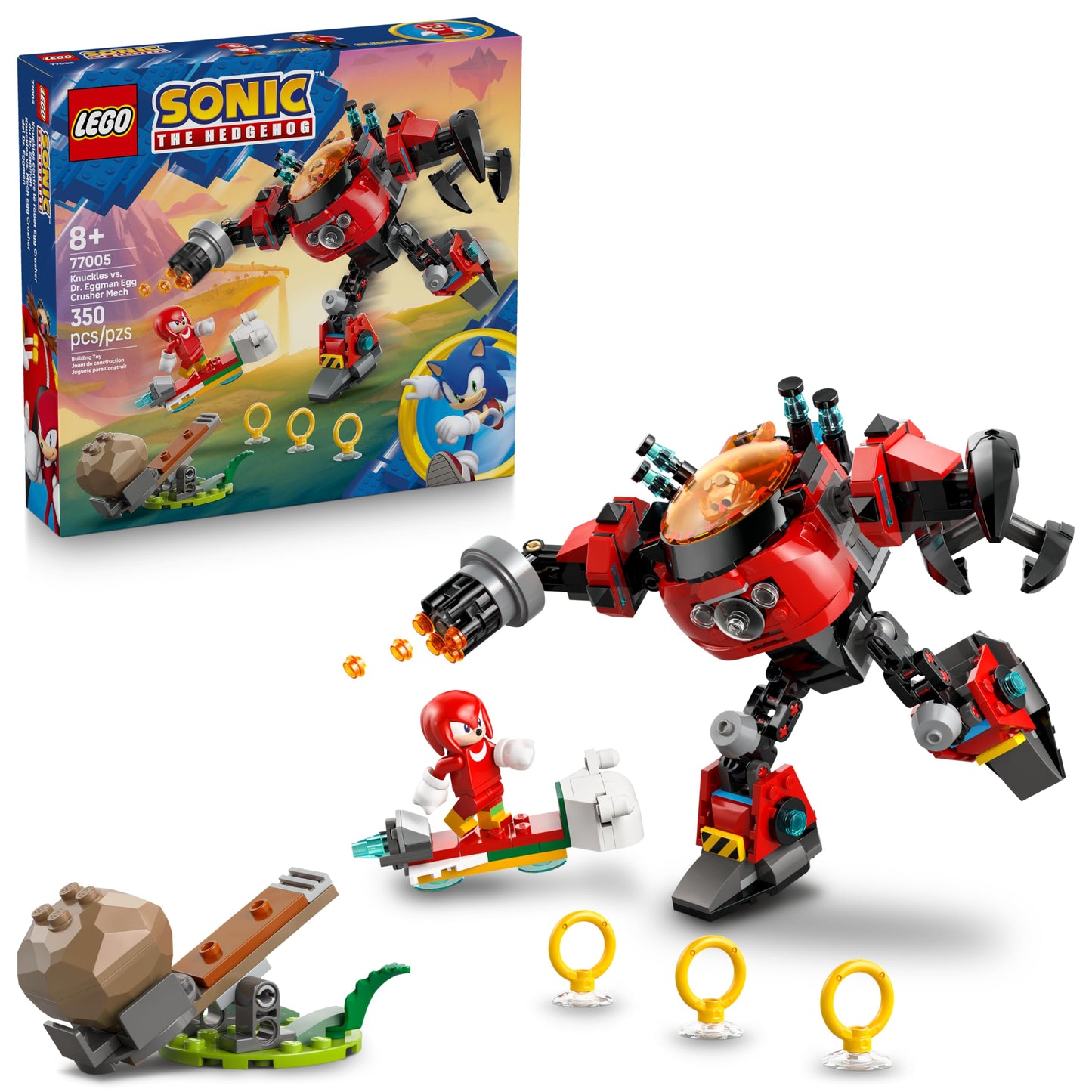 LEGO Sonic the Hedgehog Knuckles vs. Dr. Eggman Egg Crusher Mech (77005) – 350-Piece Building Toy with 2 Minifigures