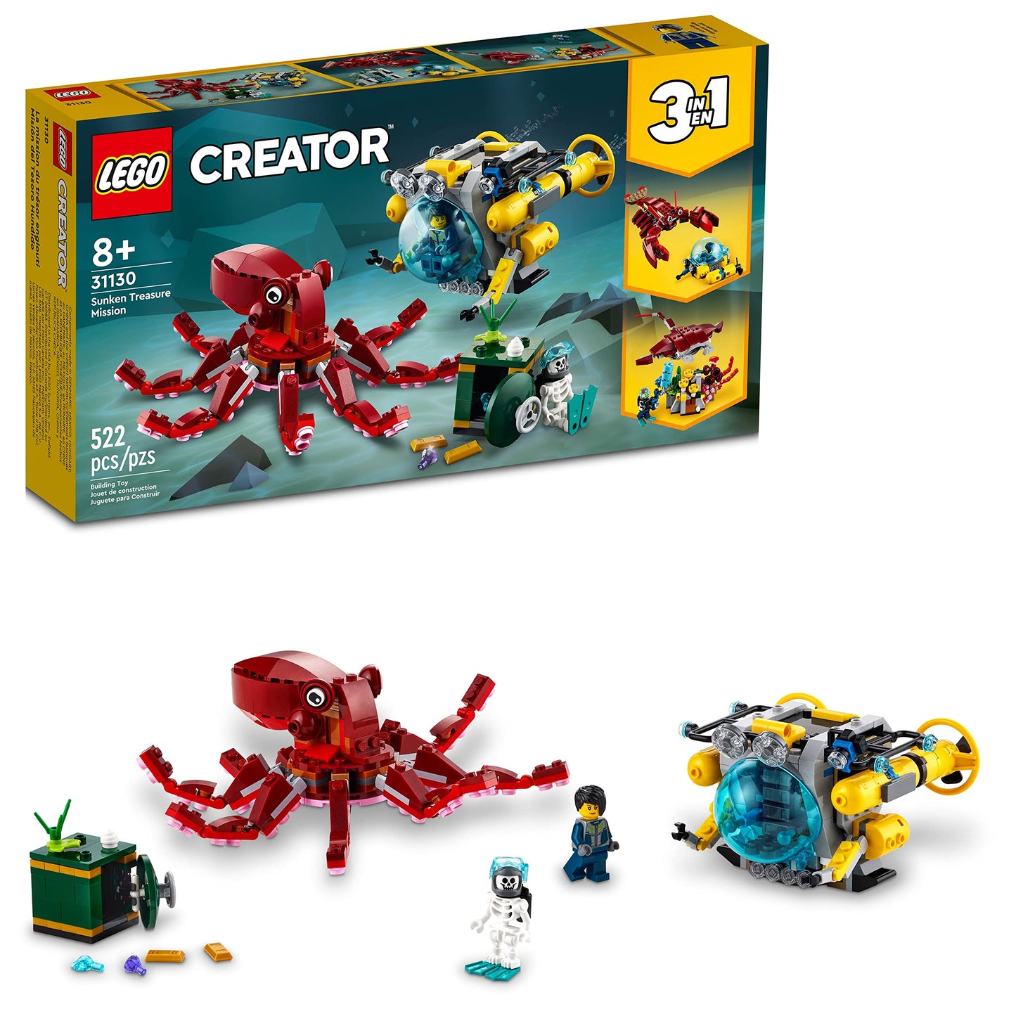 LEGO Creator 3 in 1 Sunken Treasure Mission Submarine – 31130 | 522-Piece Underwater Sea Animals Set