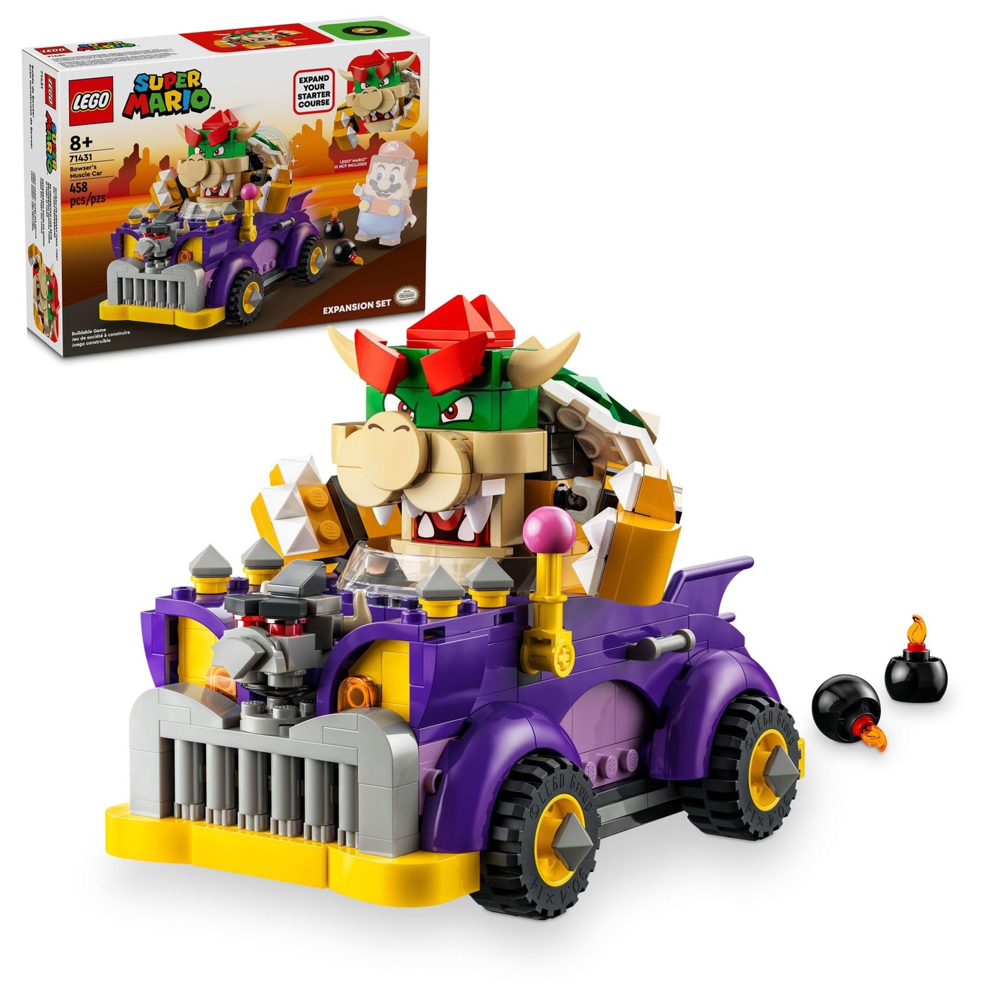 LEGO Super Mario Bowser's Muscle Car Expansion Set 71431 – Collectible Bowser Race Car Building Toy for Kids 8+