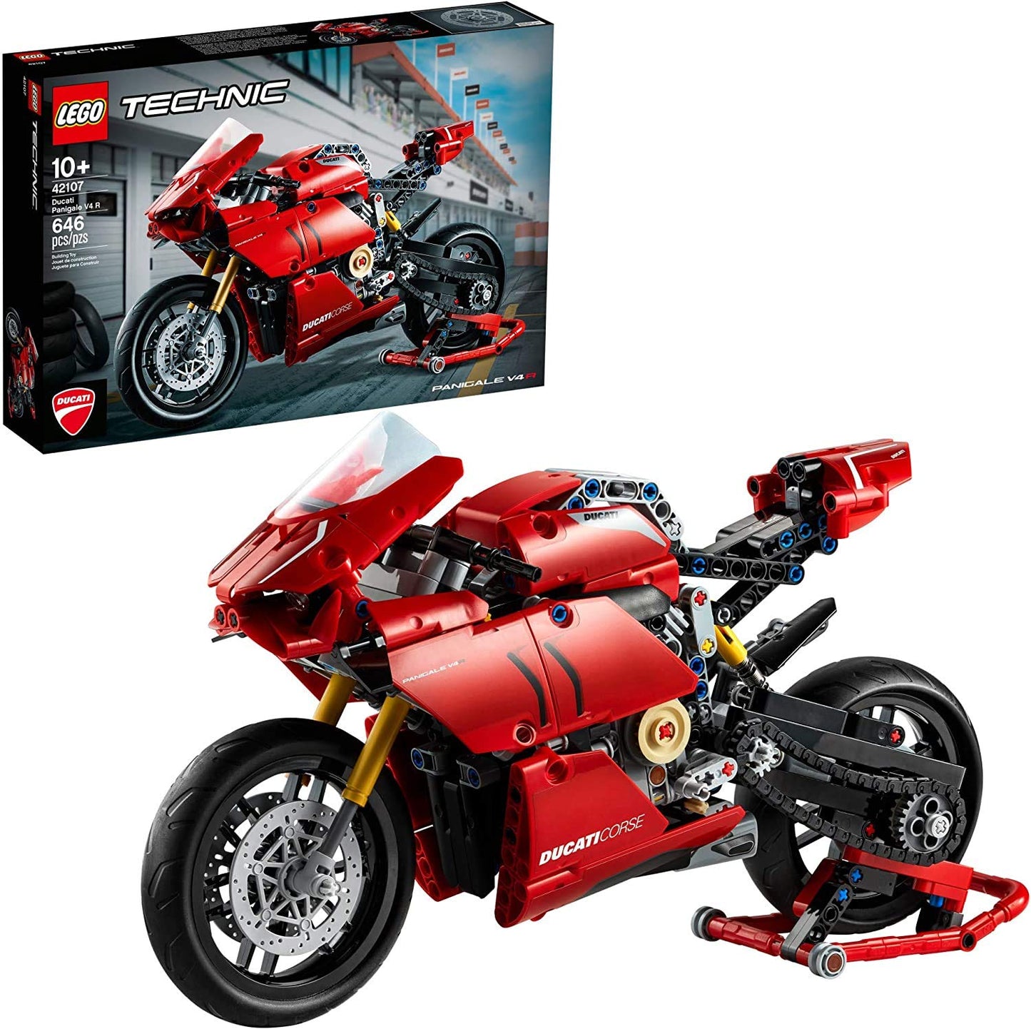 LEGO Technic Ducati Panigale V4 R 42107 – 2-Speed Gearbox, Working Suspension, Display Model for Adults