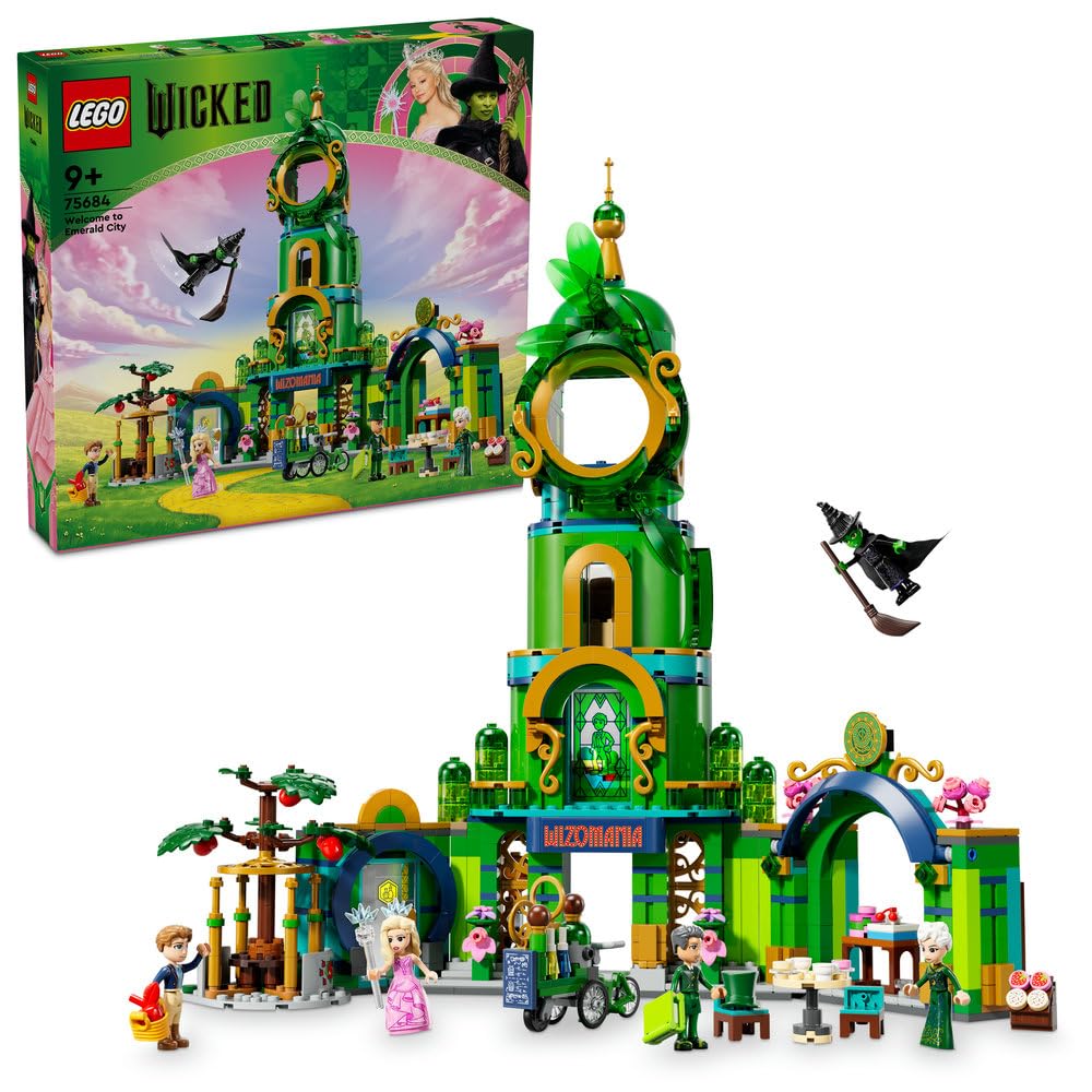 LEGO Wicked Welcome to Emerald City 75684 — Collectible Tower Game with Glinda, Elphaba & 5 Movie Characters