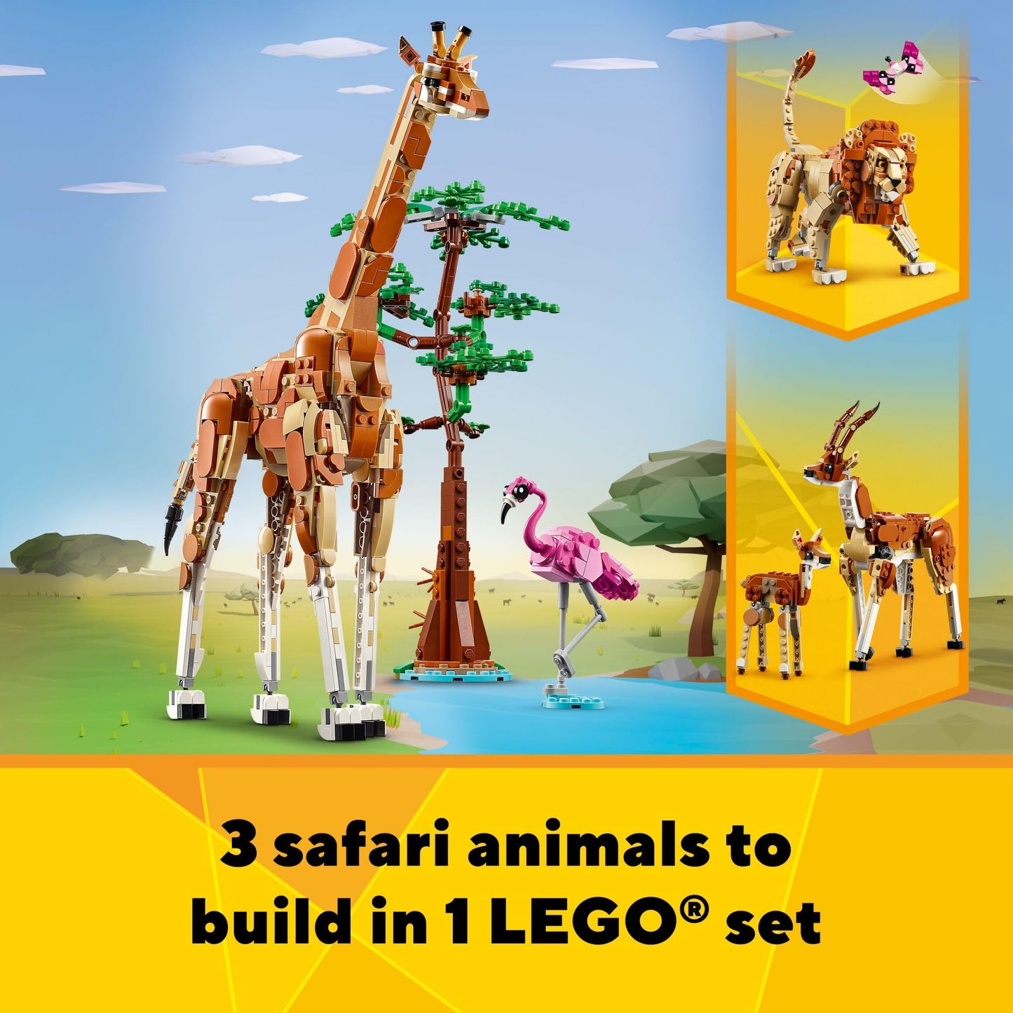 LEGO Creator 3-in-1 Wild Safari Animals (31150) – Giraffe, Gazelle & Lion Build