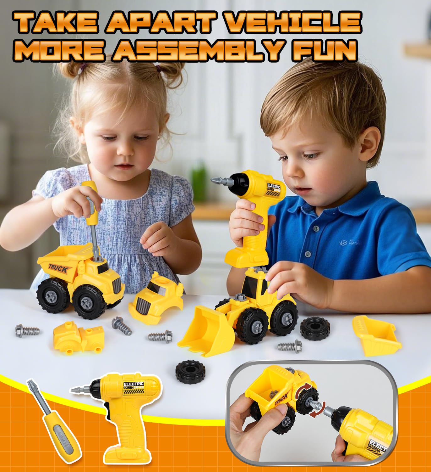 Lehoo Castle Kids Tool Bench with Electric Drill & Construction Vehicles — 2-in-1 Workbench & Toolbox for Ages 3–5