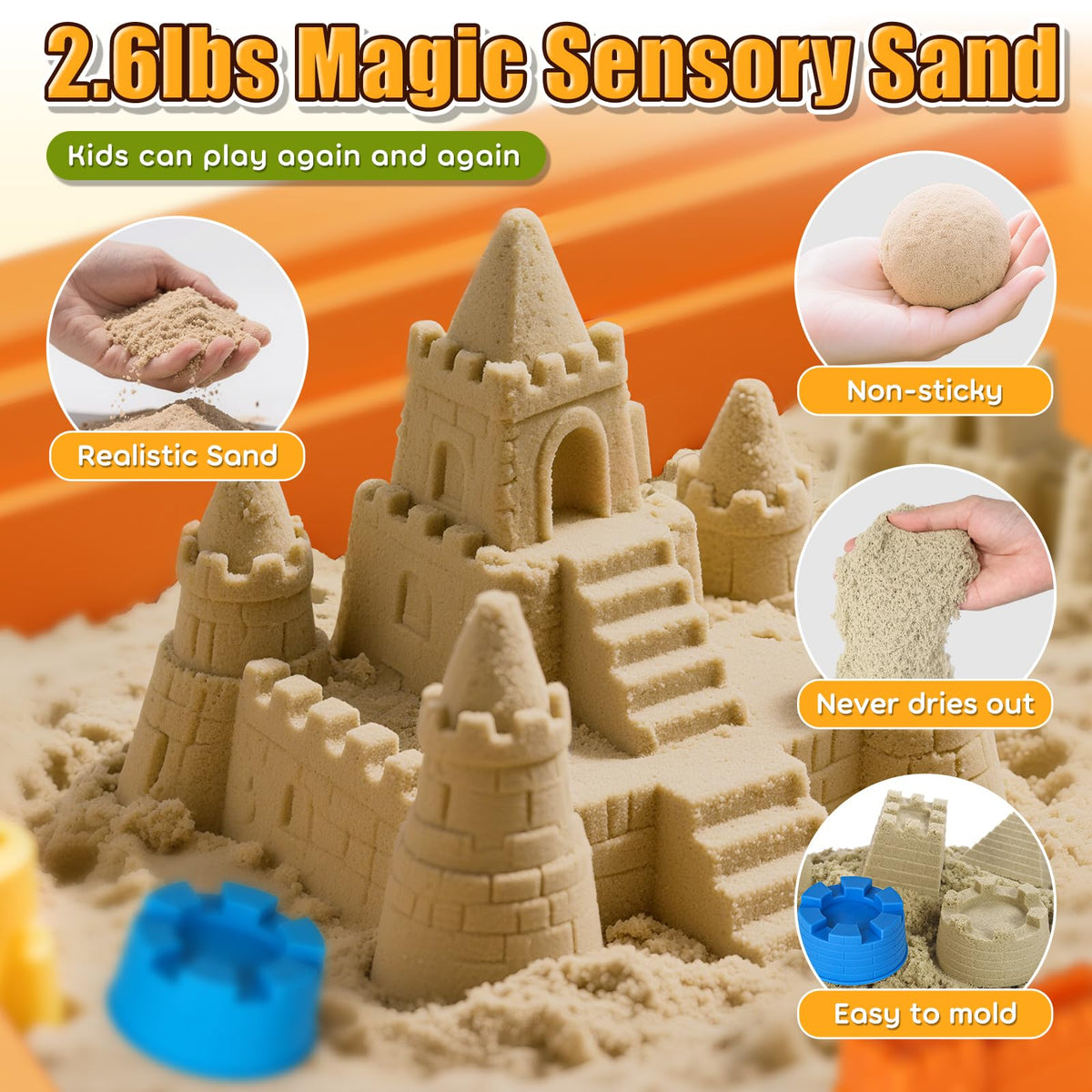 Lehoo Castle Sensory Table with Sand Kit – 26 lbs Sand, 6 Alloy Trucks, Castle Molds, Lid