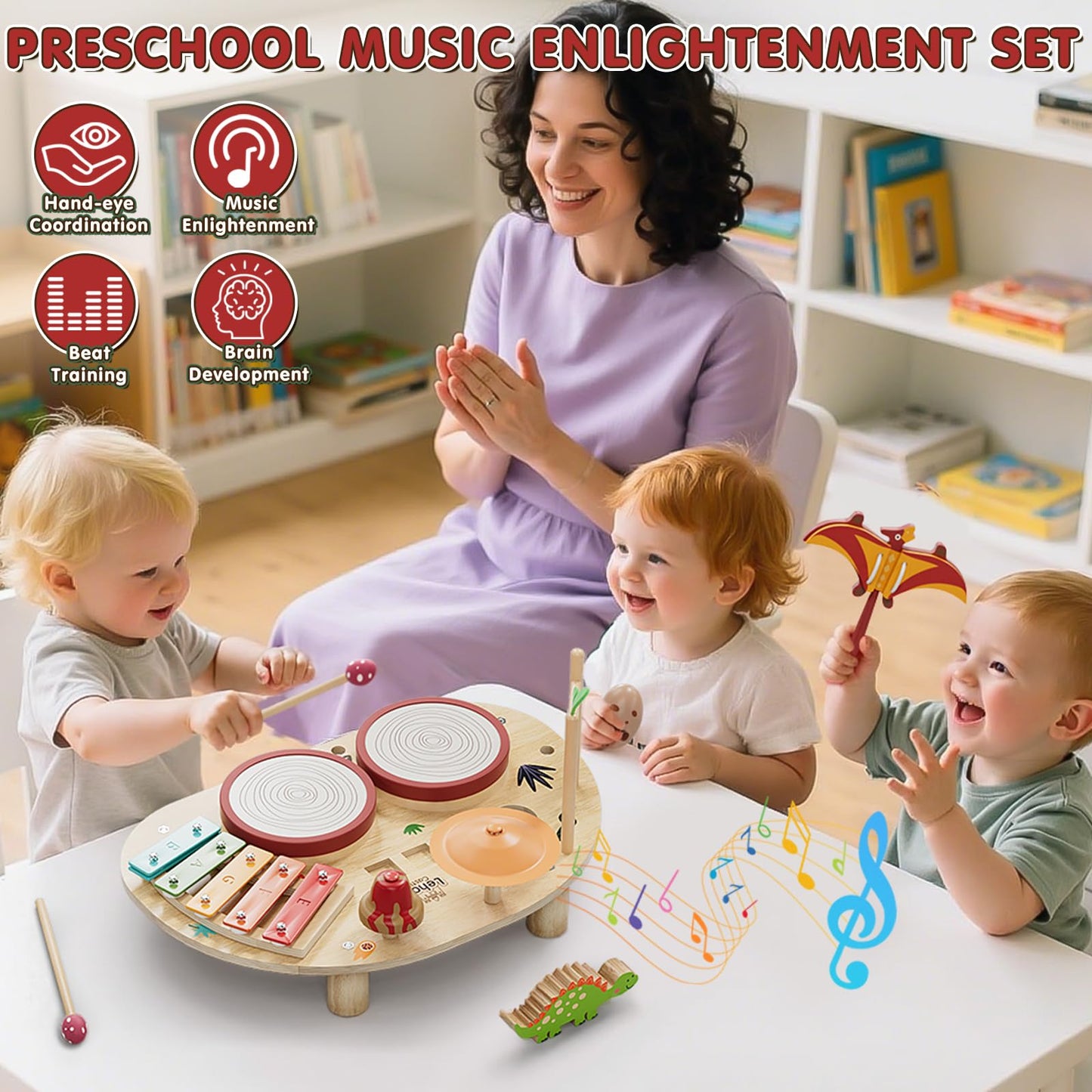 Lehoo Castle Baby Drum Set – 8-in-1 Wooden Montessori Instruments for Toddlers 1-3