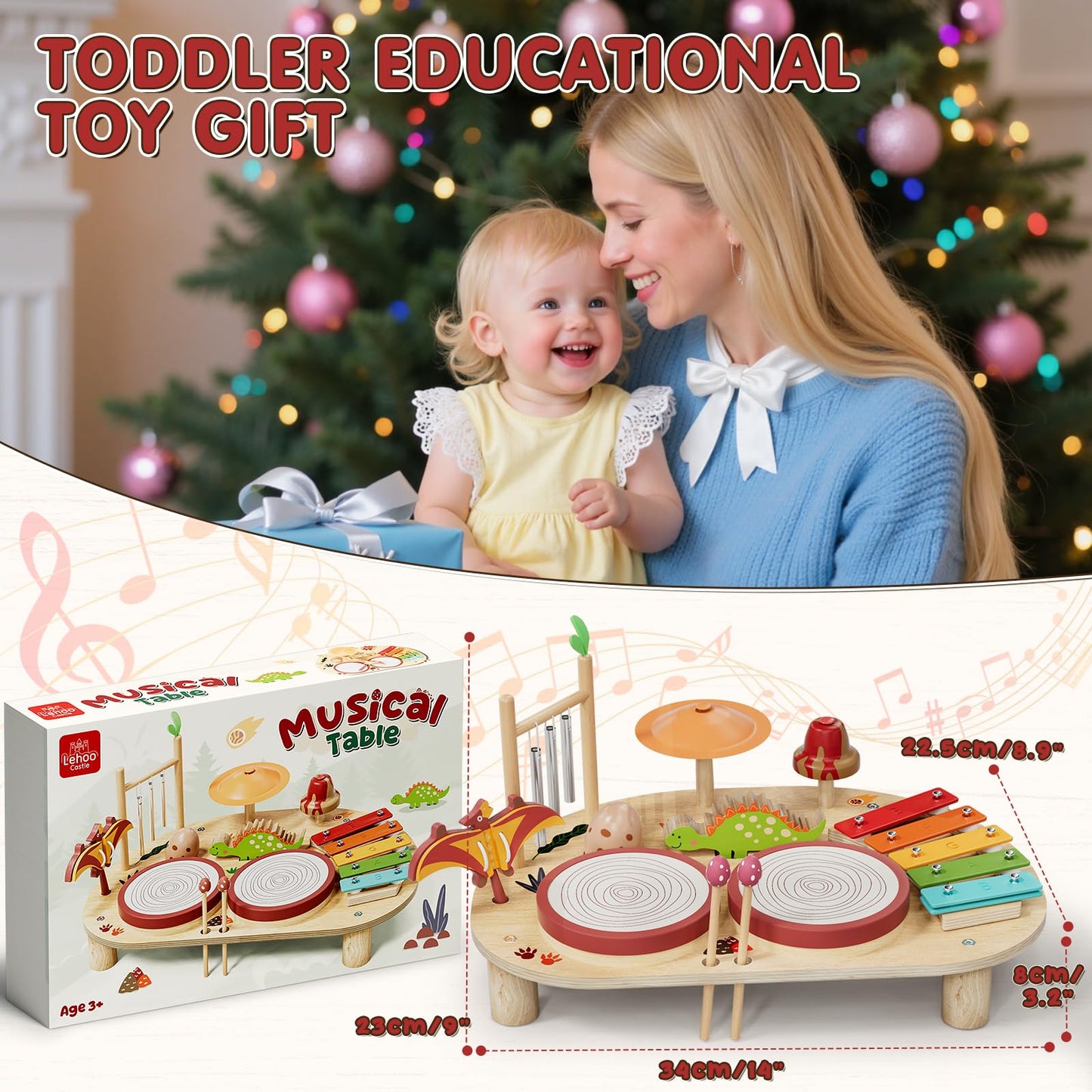 Lehoo Castle Baby Drum Set – 8-in-1 Wooden Montessori Instruments for Toddlers 1-3