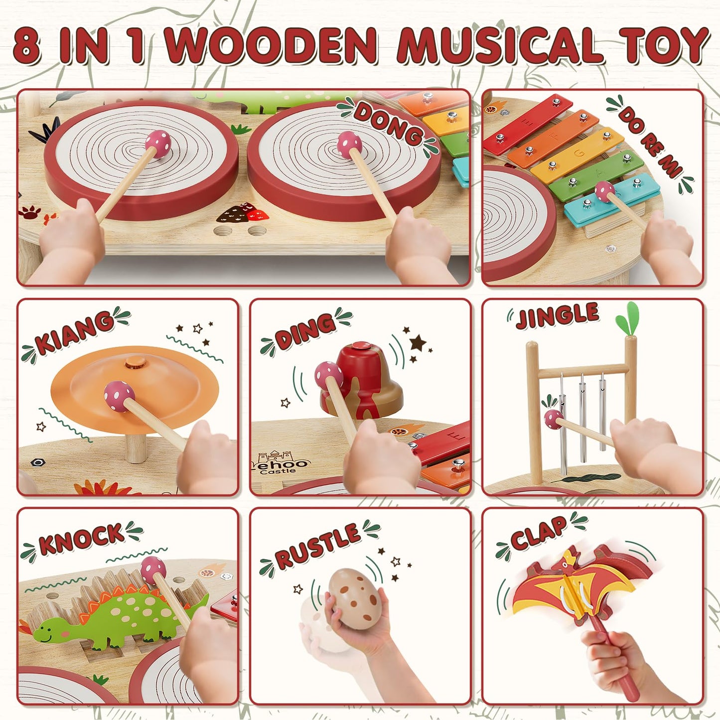 Lehoo Castle Baby Drum Set – 8-in-1 Wooden Montessori Instruments for Toddlers 1-3