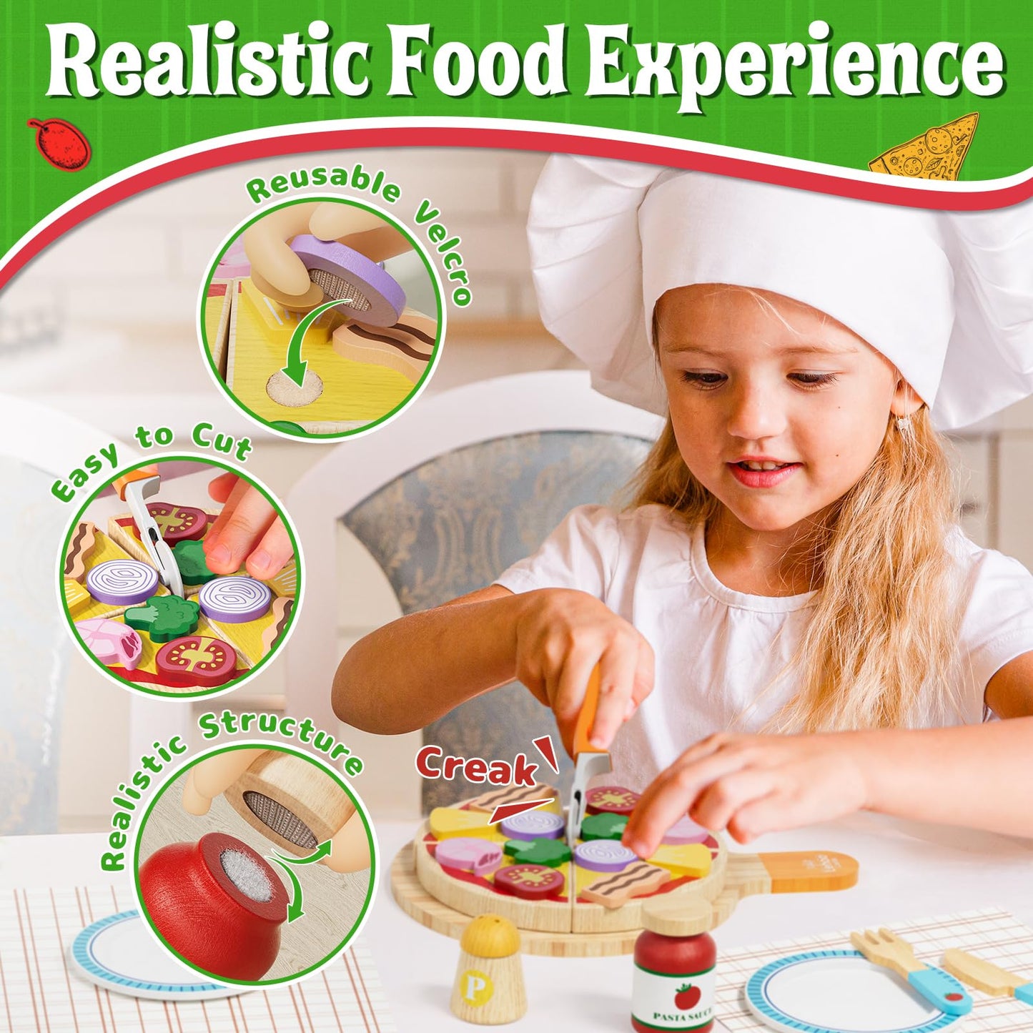 Lehoo Castle Wooden Play Food Sets – Pizza Toy with Pot & Pan for Kids