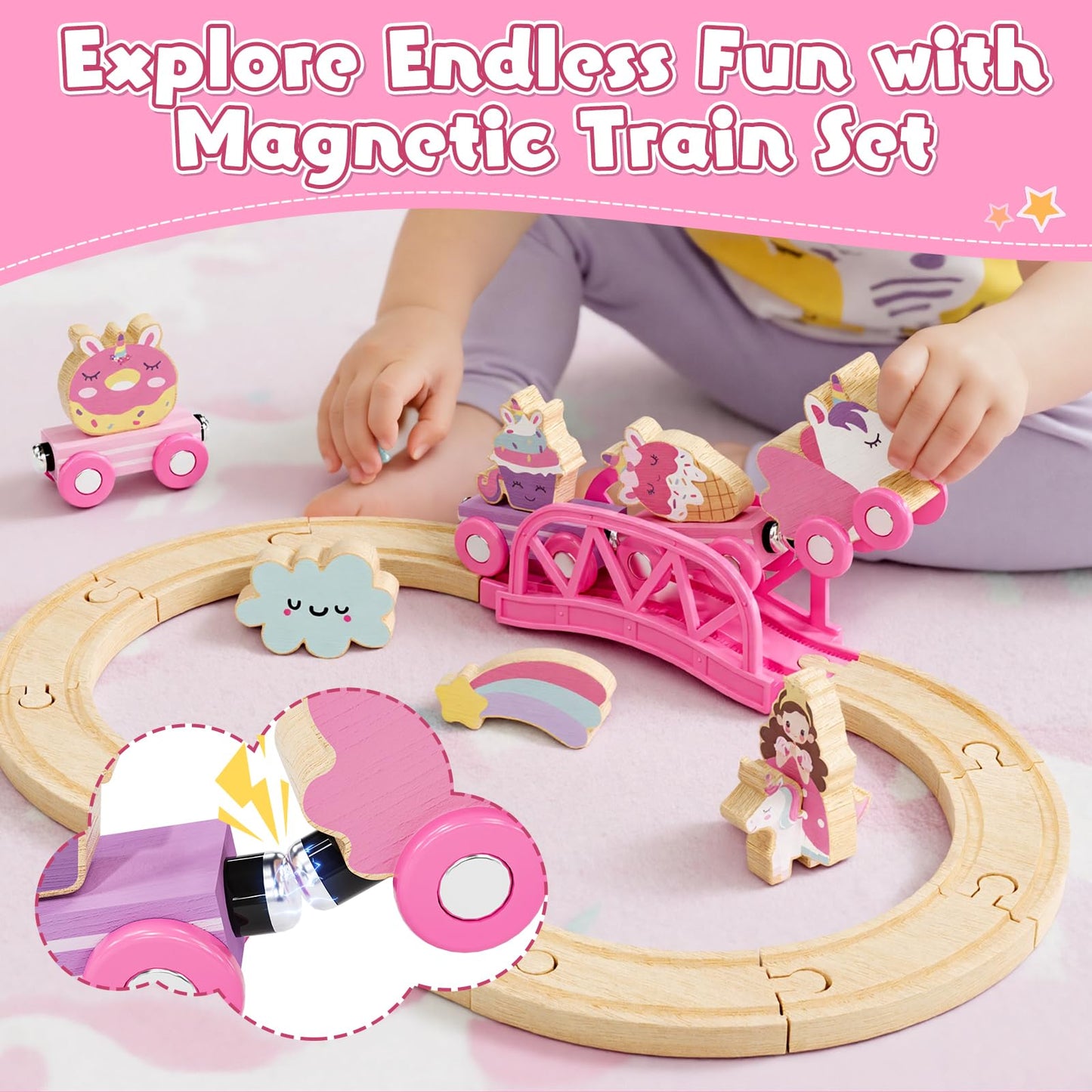 Lehoo Castle Wooden Unicorn Train Set for Toddlers 2-4 – Pink Train & Storage Bag
