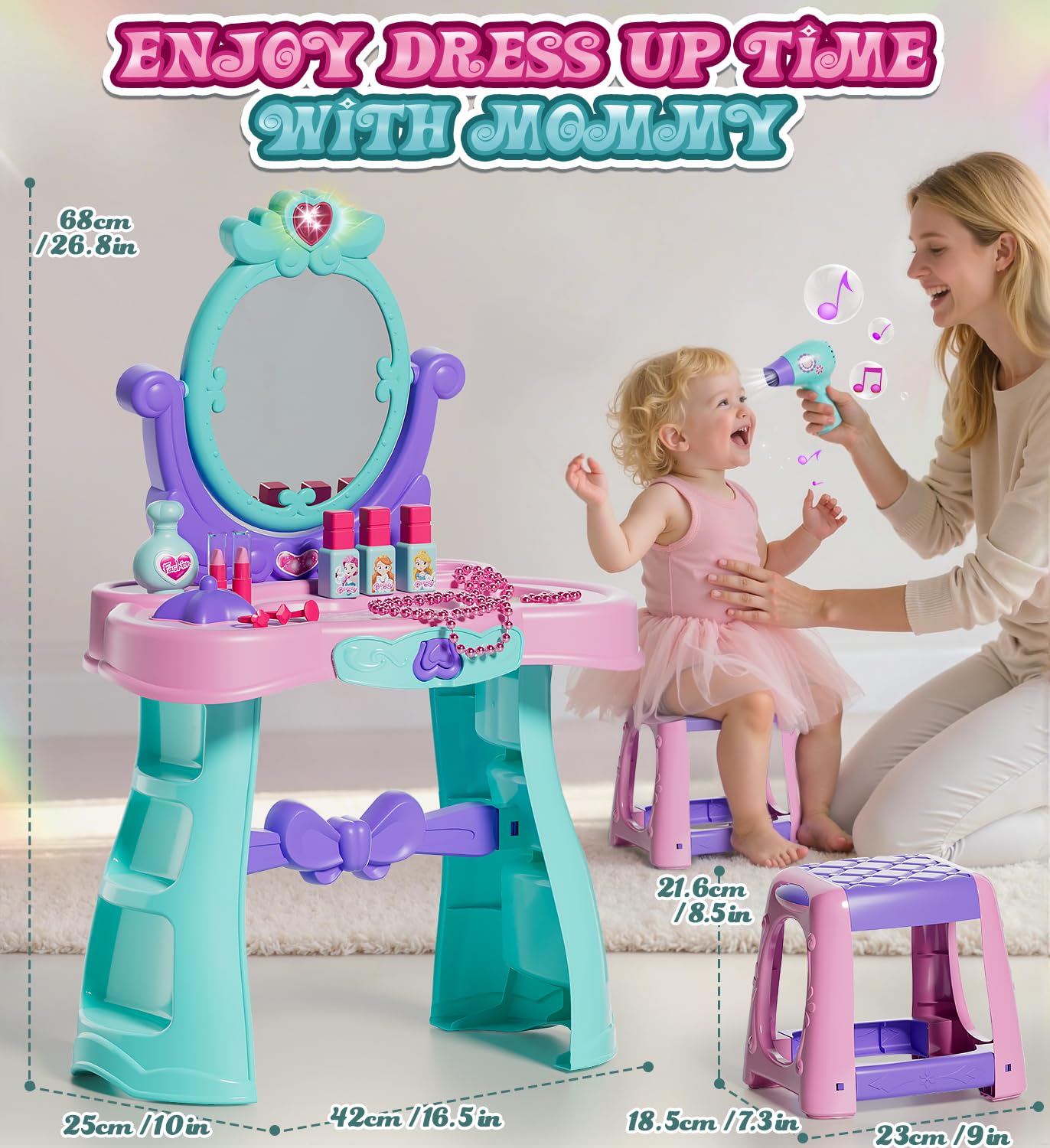 Lehoo Castle Kids Vanity Table & Chair Set — Mirror, Lights & Music for Dress-Up Play