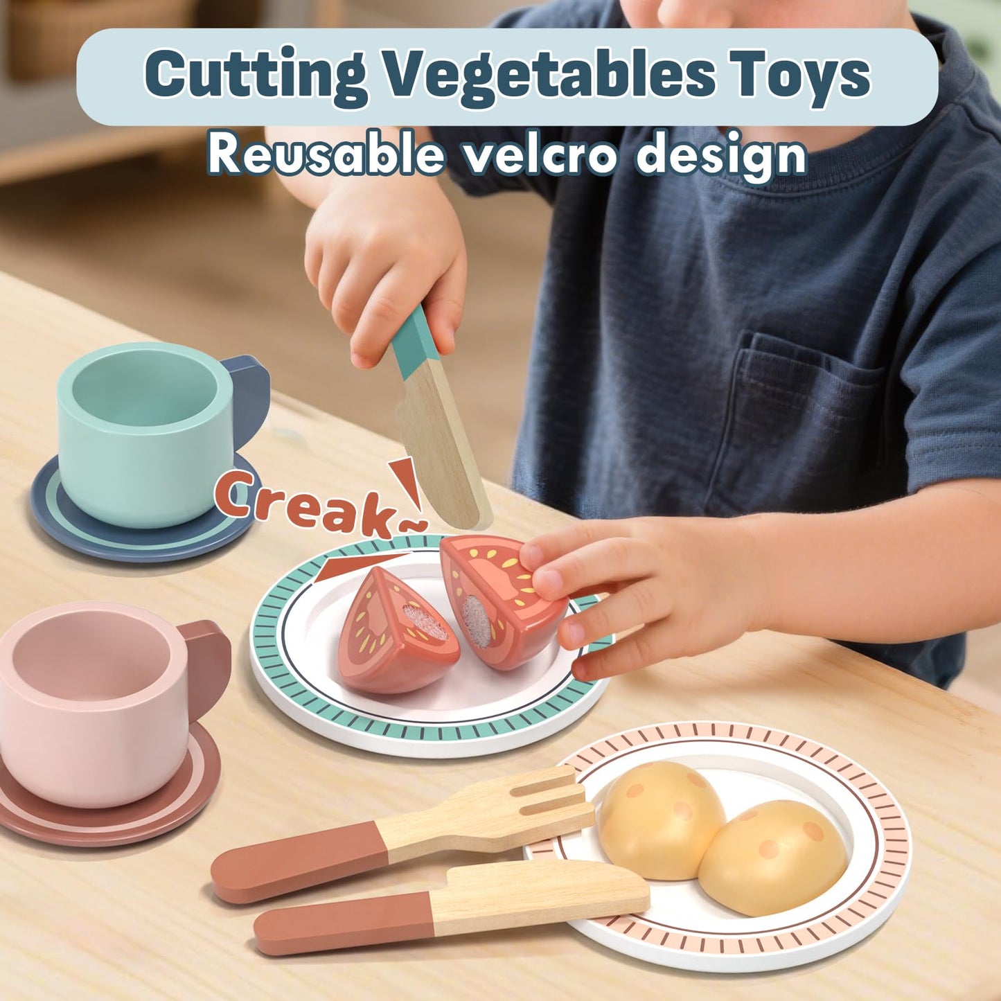 Lehoo Castle Wooden Play Kitchen Accessories – Pots, Pans & Cuttable Food Sets for Toddlers
