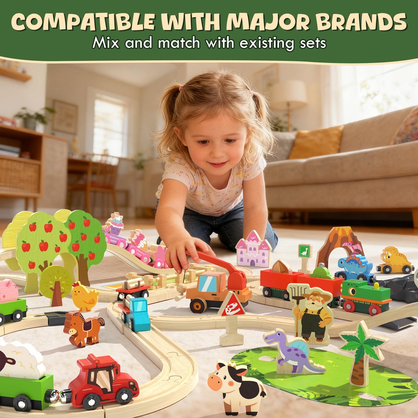 Lehoo Castle Wooden Train Set for Toddlers 2-4 – Farm Animals & Wooden Track