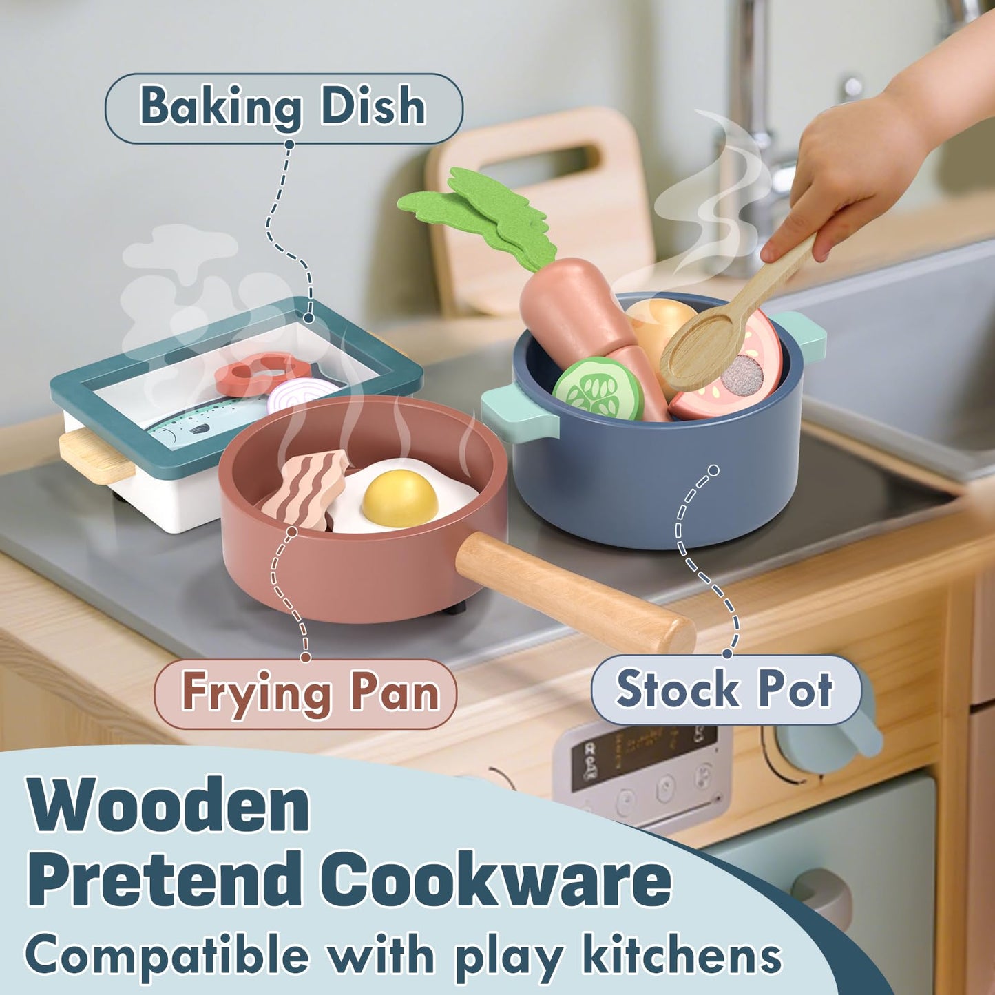 Lehoo Castle Wooden Play Kitchen Accessories – Pots, Pans & Cuttable Food Sets for Toddlers