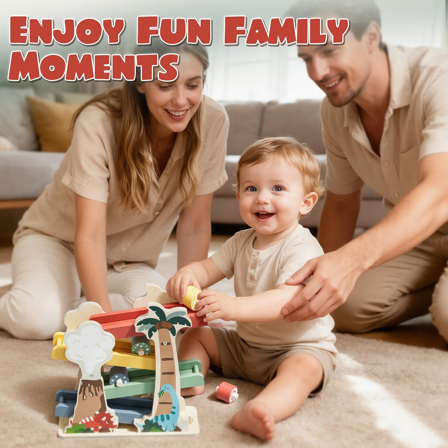 Lehoo Castle Wooden Car Ramp Toys – Dinosaur Montessori Race Track for Toddlers 1–3 Years