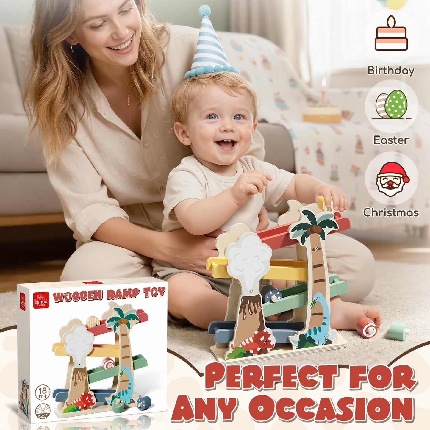 Lehoo Castle Wooden Car Ramp Toys – Dinosaur Montessori Race Track for Toddlers 1–3 Years