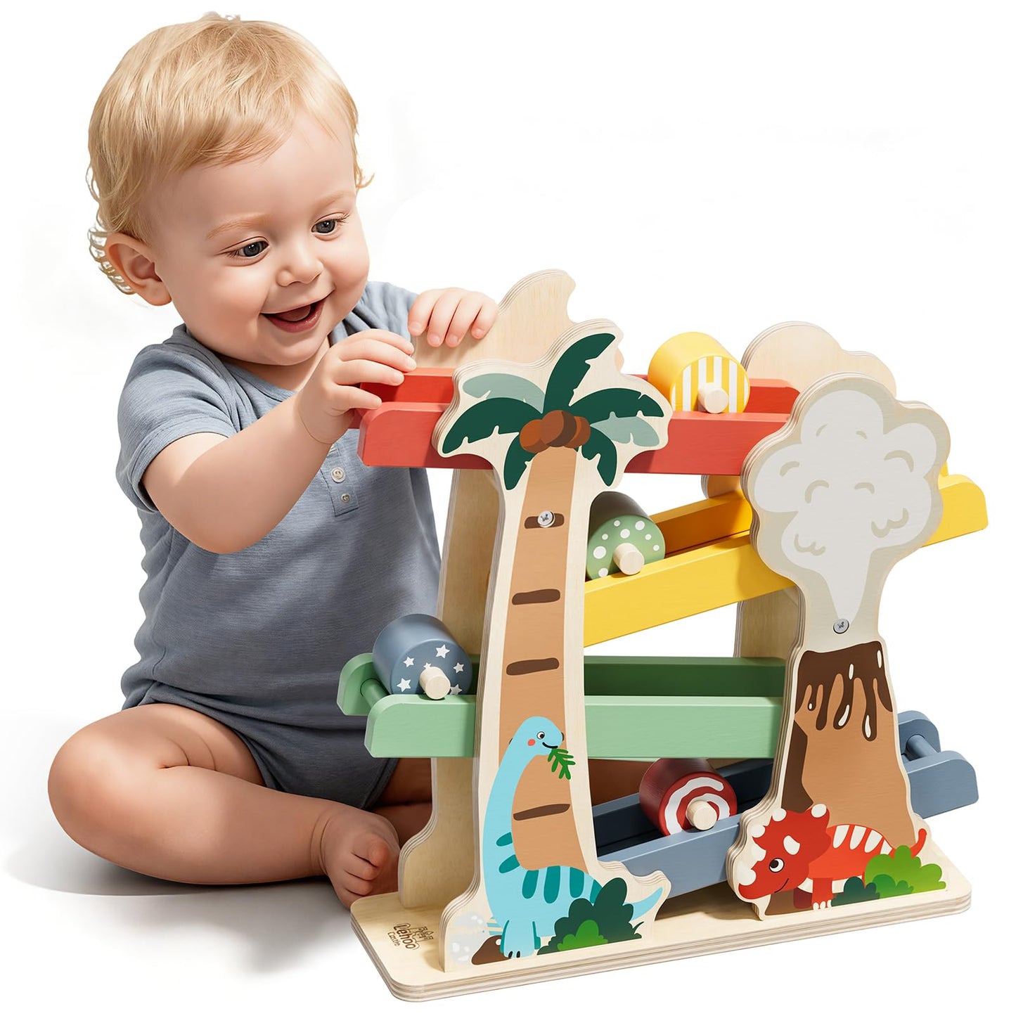 Lehoo Castle Wooden Car Ramp Toys – Dinosaur Montessori Race Track for Toddlers 1–3 Years