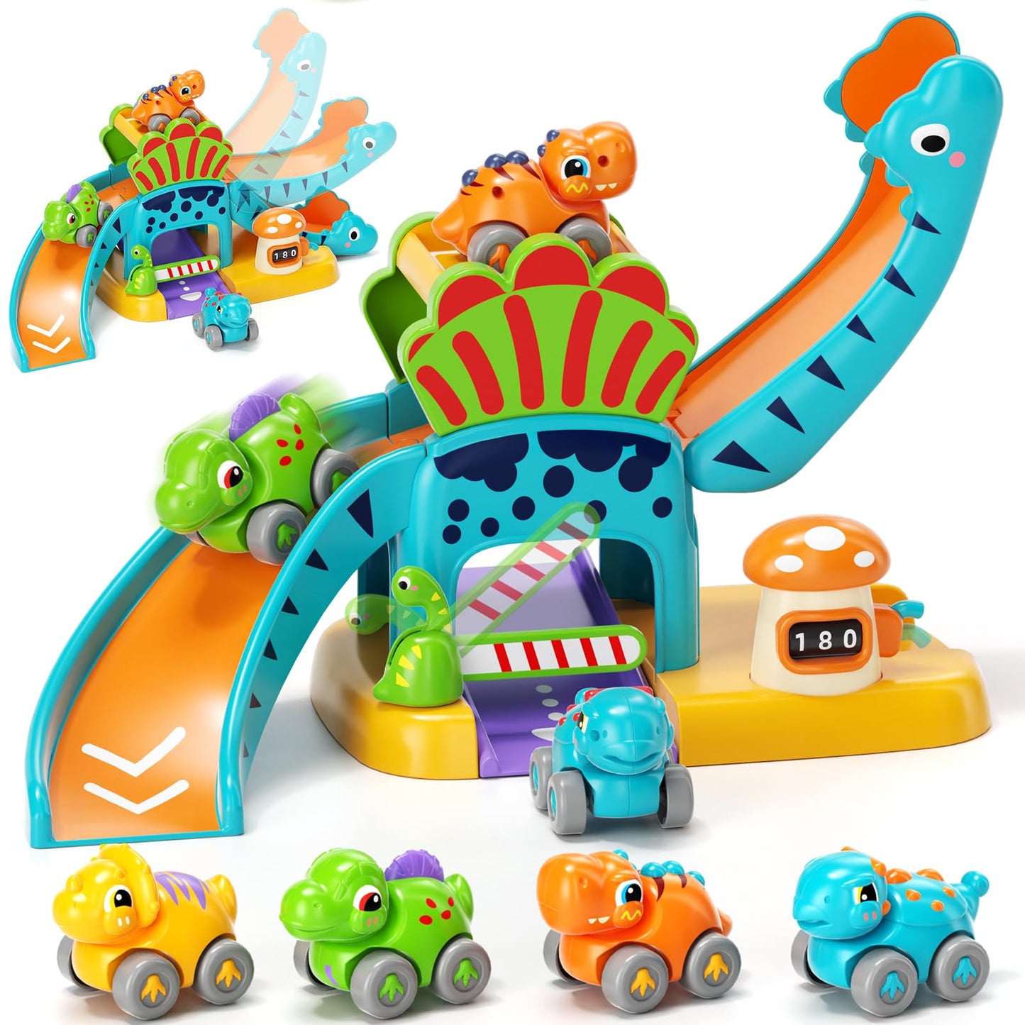 Lehoo Castle Dinosaur Slide with 4 Mini Cars – Toddler Race Track Toy (12-36 Months)