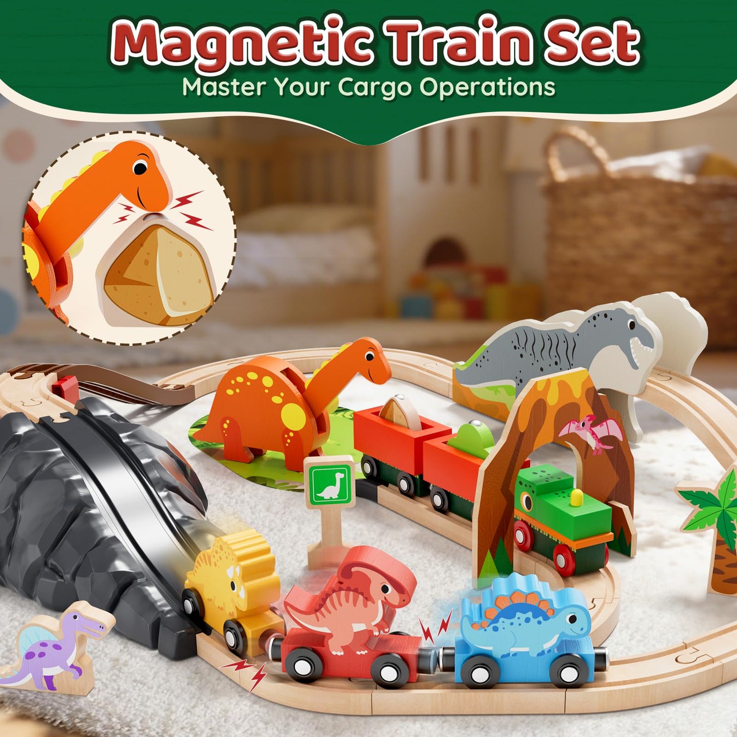 Lehoo Castle Wooden Dinosaur Train Set for Toddlers (2-4) – Open-Ended, Screen-Free Play
