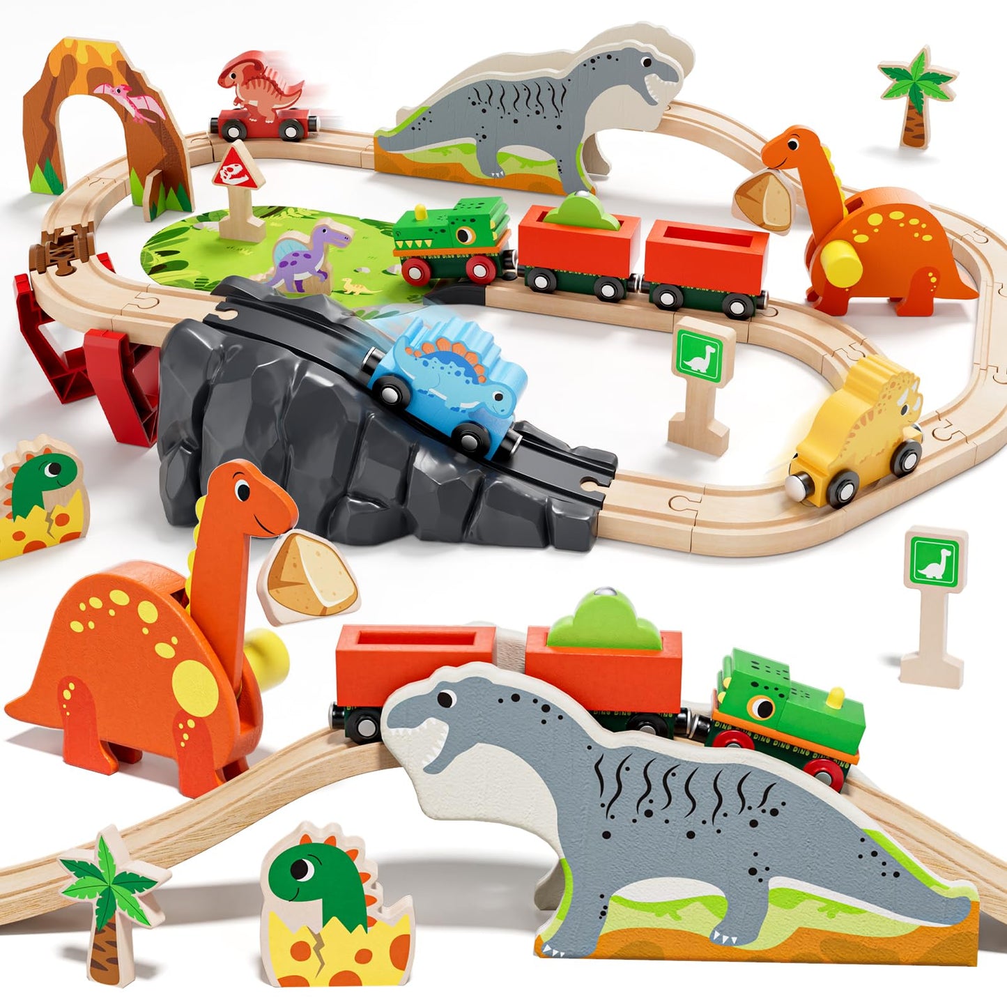 Lehoo Castle Wooden Dinosaur Train Set for Toddlers (2-4) – Open-Ended, Screen-Free Play