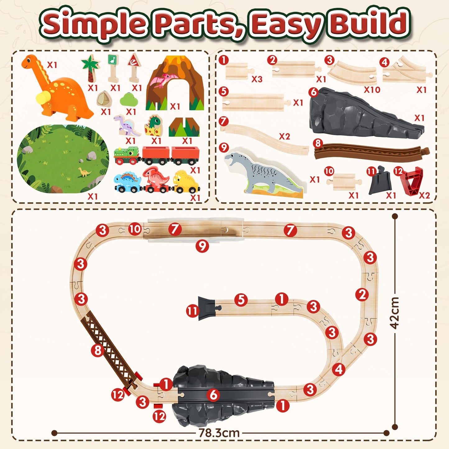 Lehoo Castle Wooden Dinosaur Train Set for Toddlers (2-4) – Open-Ended, Screen-Free Play