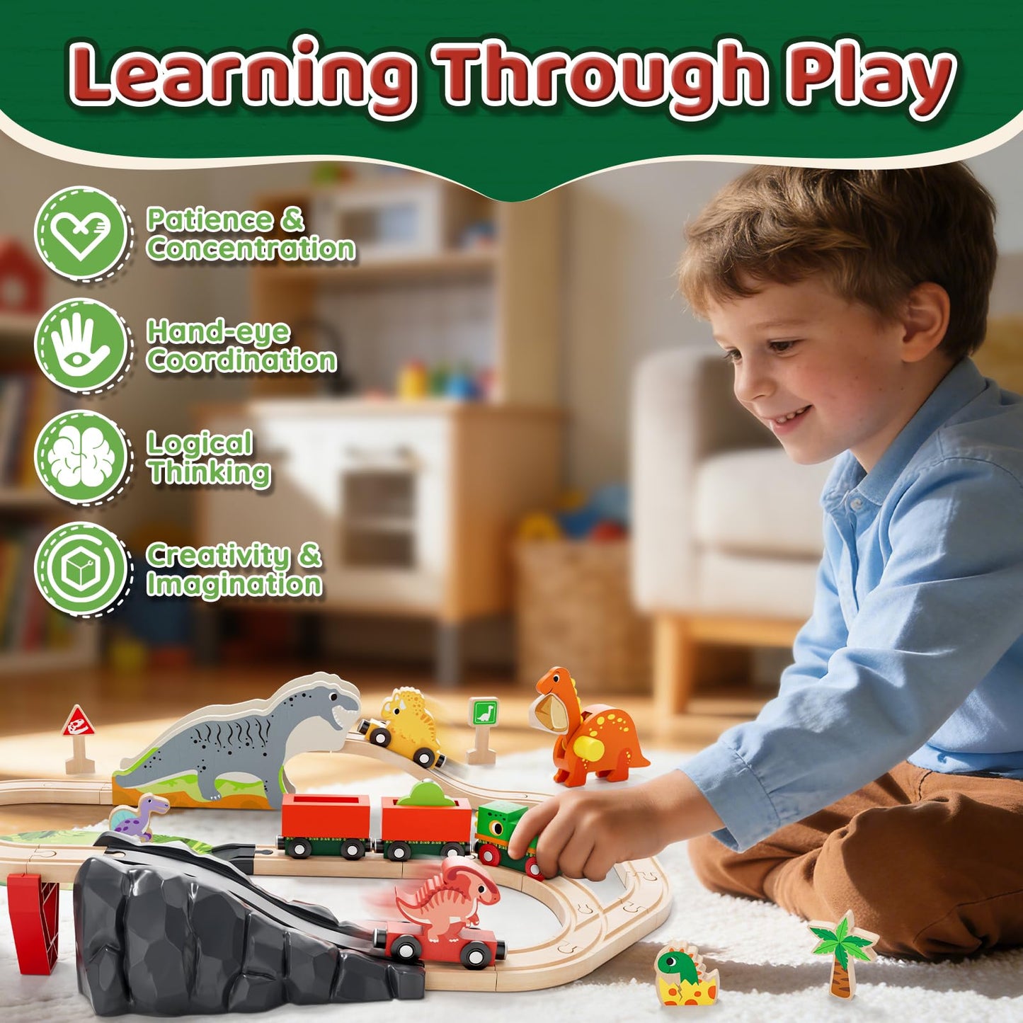 Lehoo Castle Wooden Dinosaur Train Set for Toddlers (2-4) – Open-Ended, Screen-Free Play