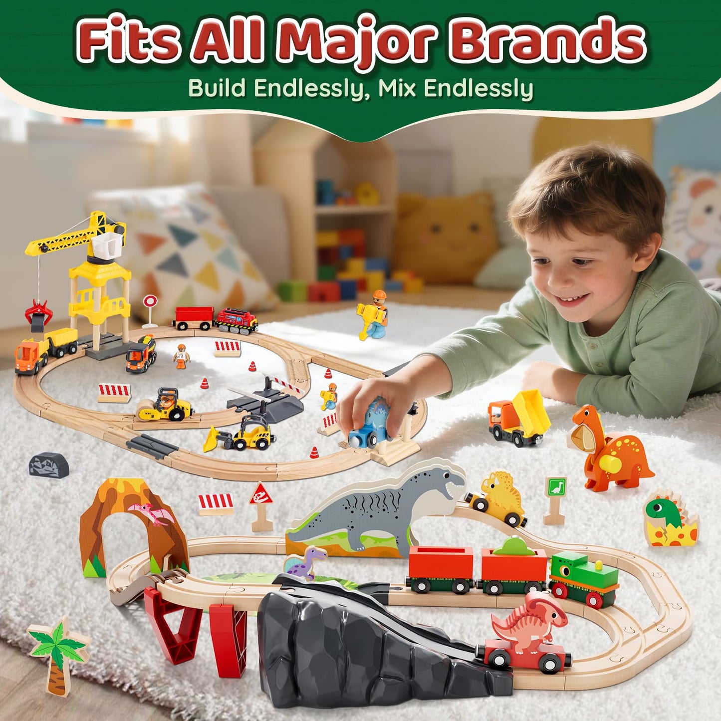 Lehoo Castle Wooden Dinosaur Train Set for Toddlers (2-4) – Open-Ended, Screen-Free Play
