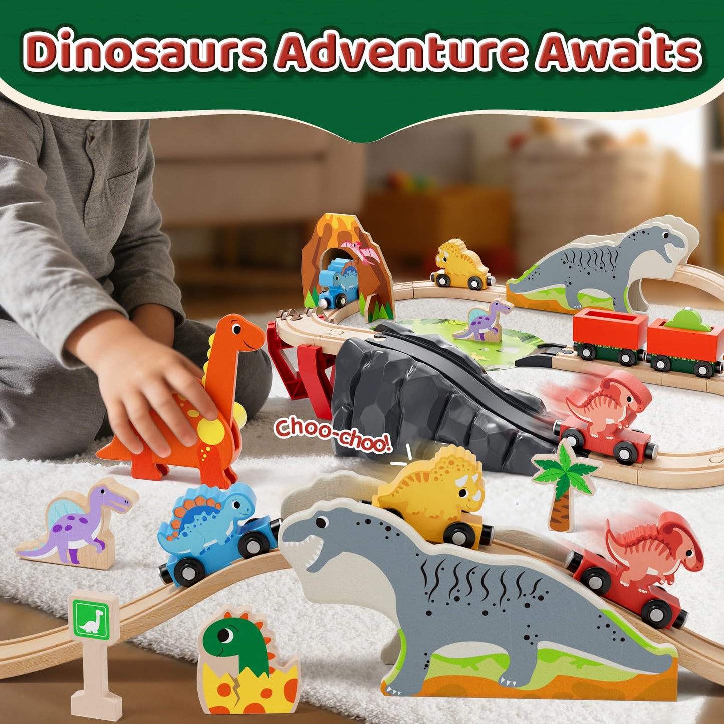 Lehoo Castle Wooden Dinosaur Train Set for Toddlers (2-4) – Open-Ended, Screen-Free Play