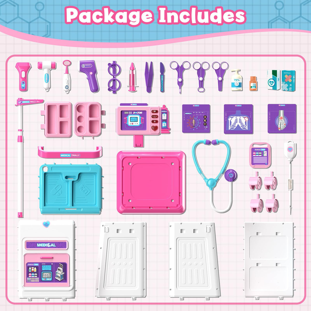 Lehoo Castle Doctor Kit for Toddlers Pink – 4-Wheel Mobile Doctor Cart with Lights & Sounds